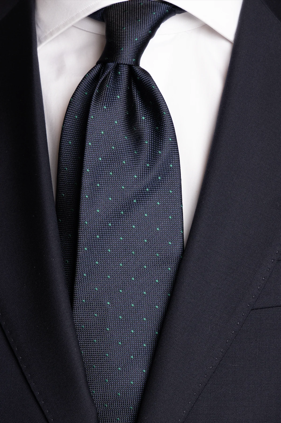 Silk Woven Tie Navy With Green Dots - Image 2