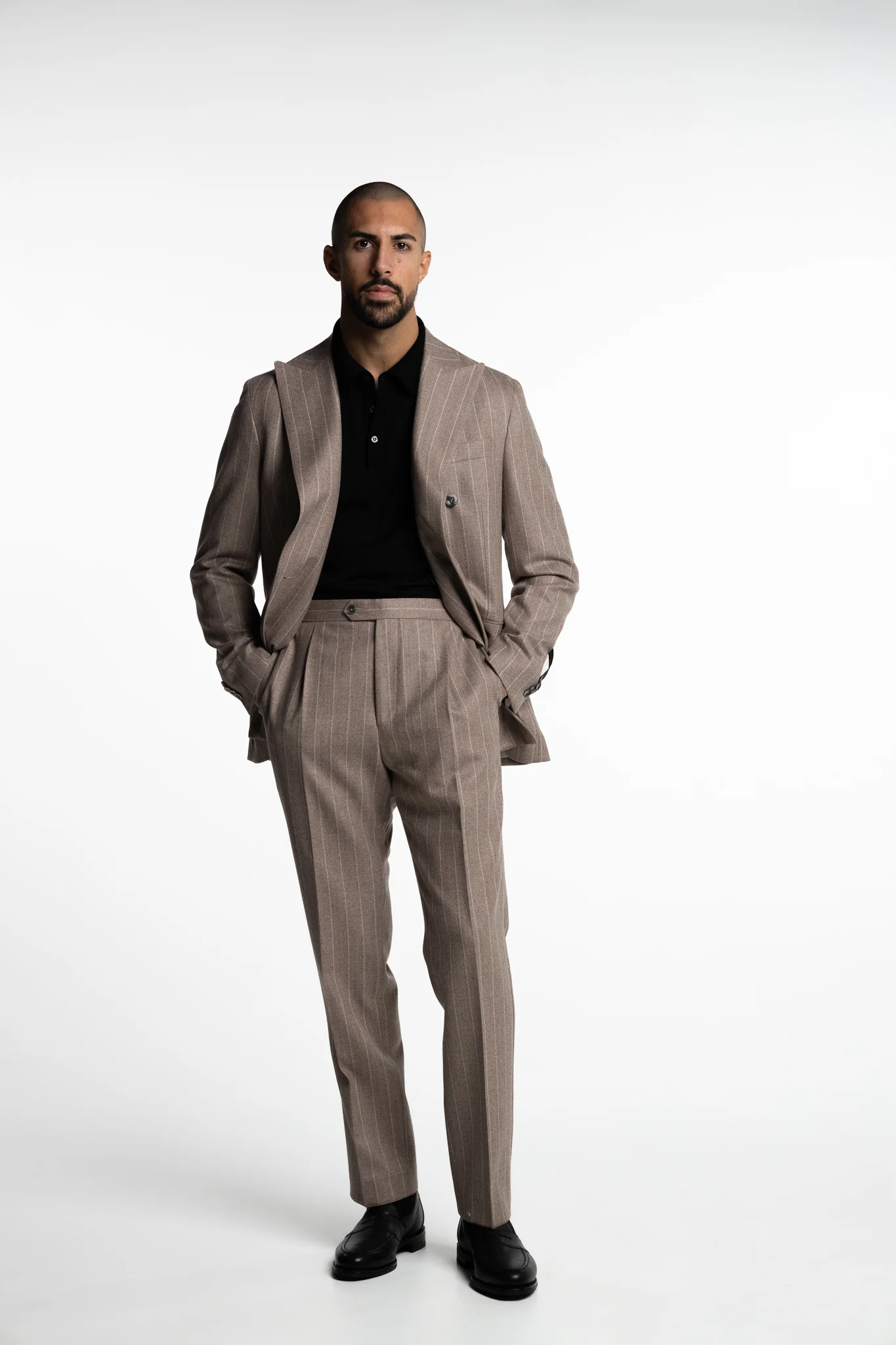 Farris Double Breasted Wool Blazer Sand Beige Pinstripe - Image 4