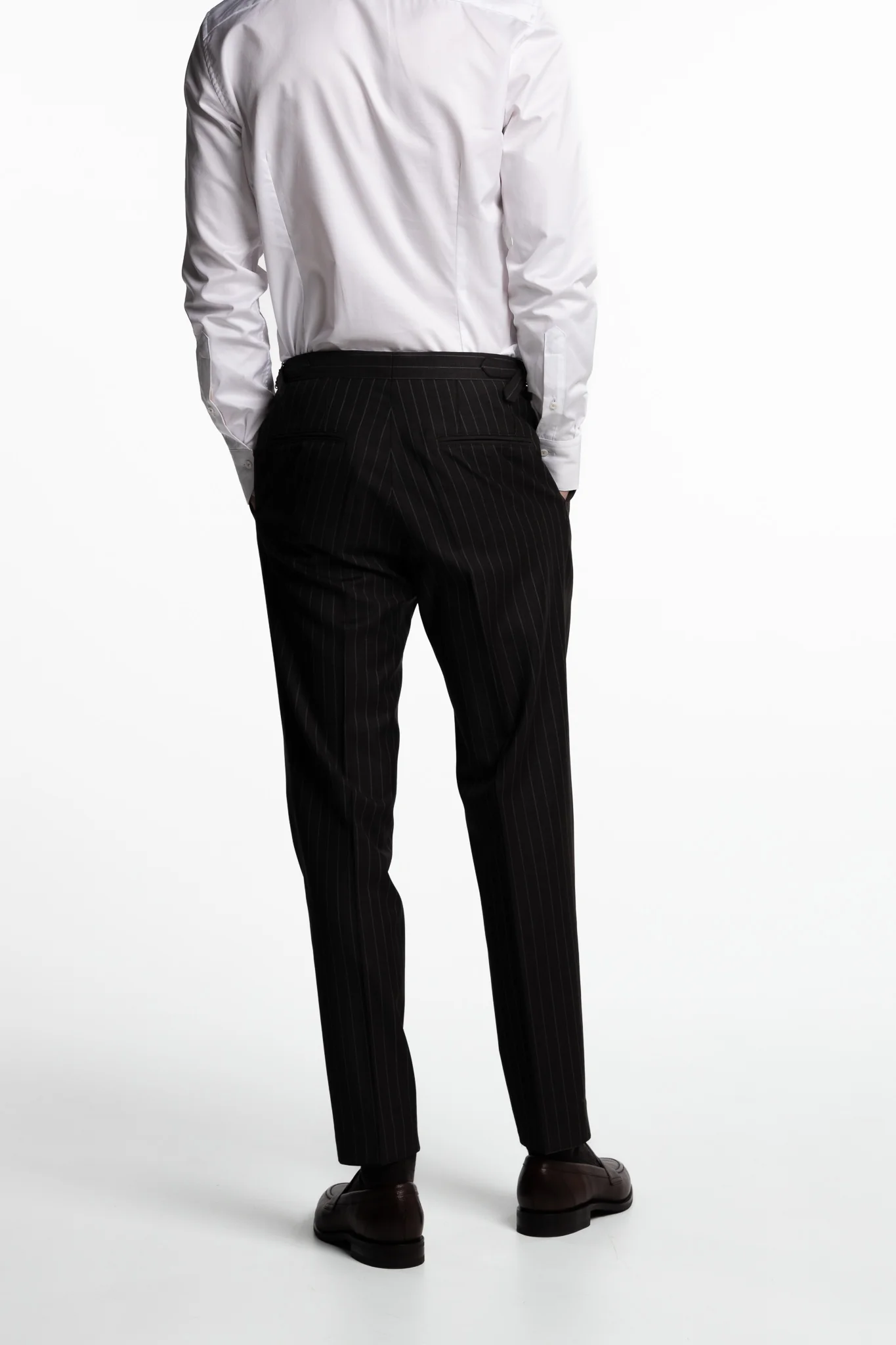 Prato Pleated Wool Trousers Dark Brown Pinstripe - Image 3