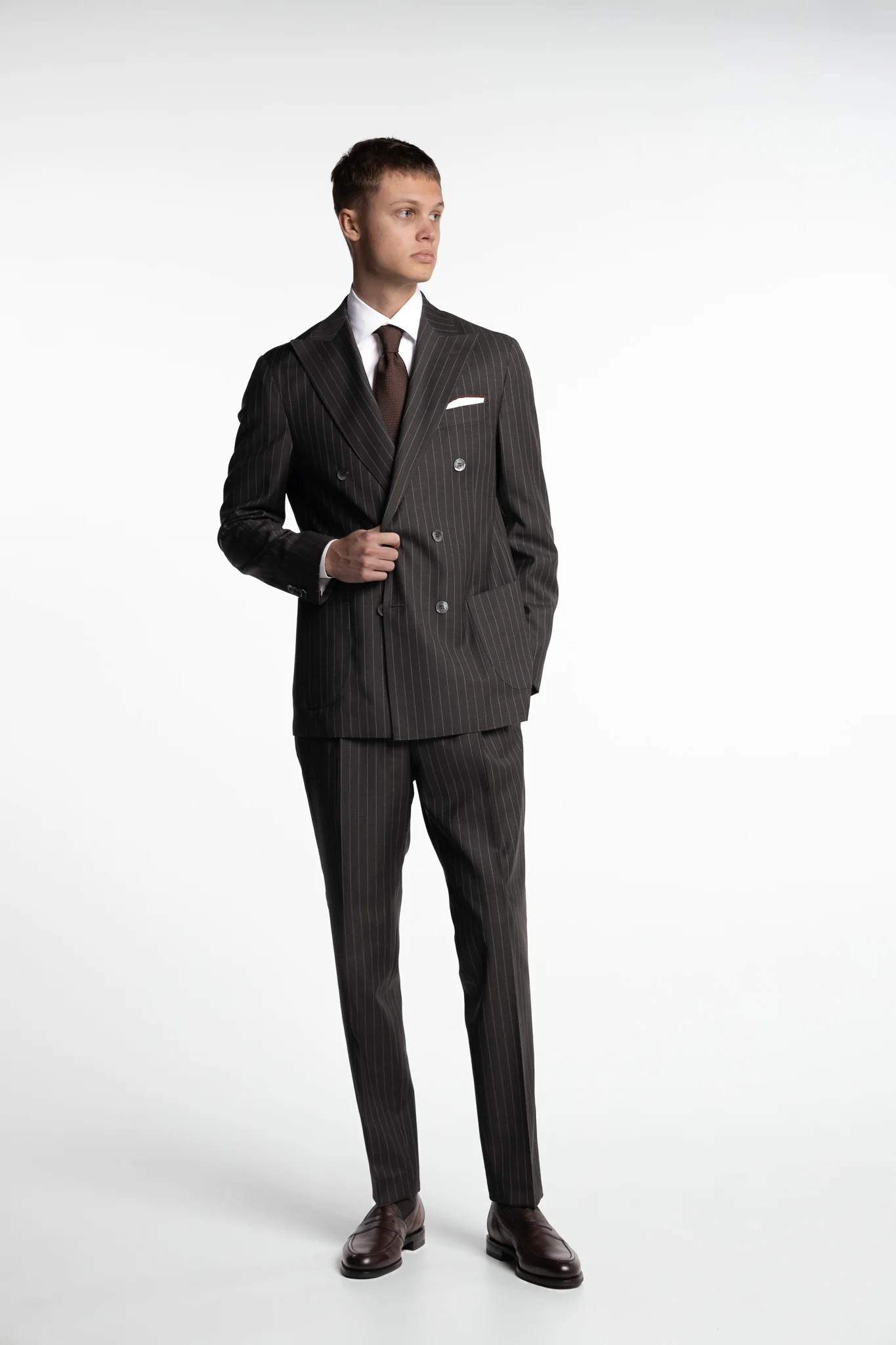 Prato Pleated Wool Trousers Dark Brown Pinstripe - Image 5