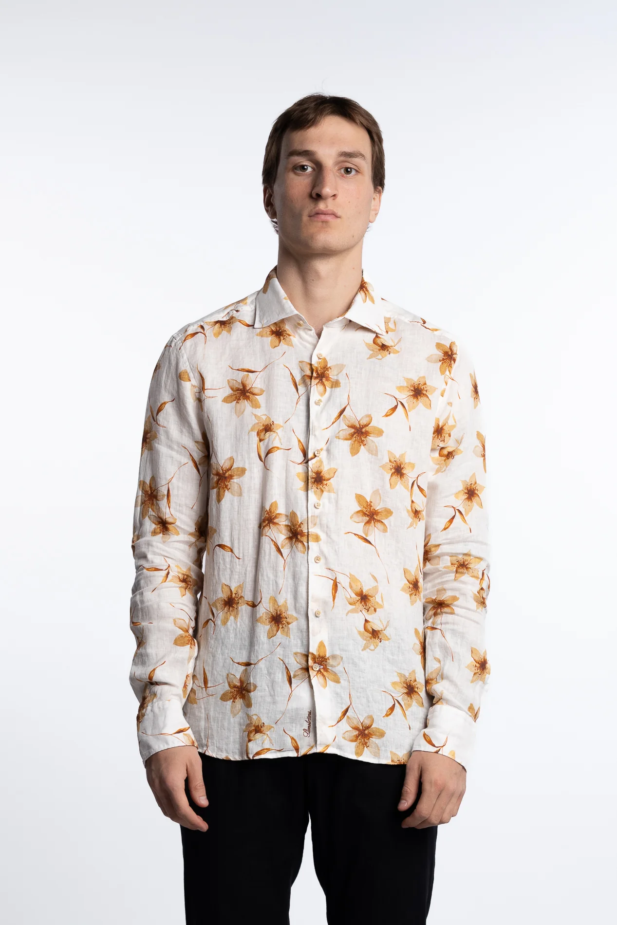 Slimline Casual Shirt Light Brown Flower - Image 3