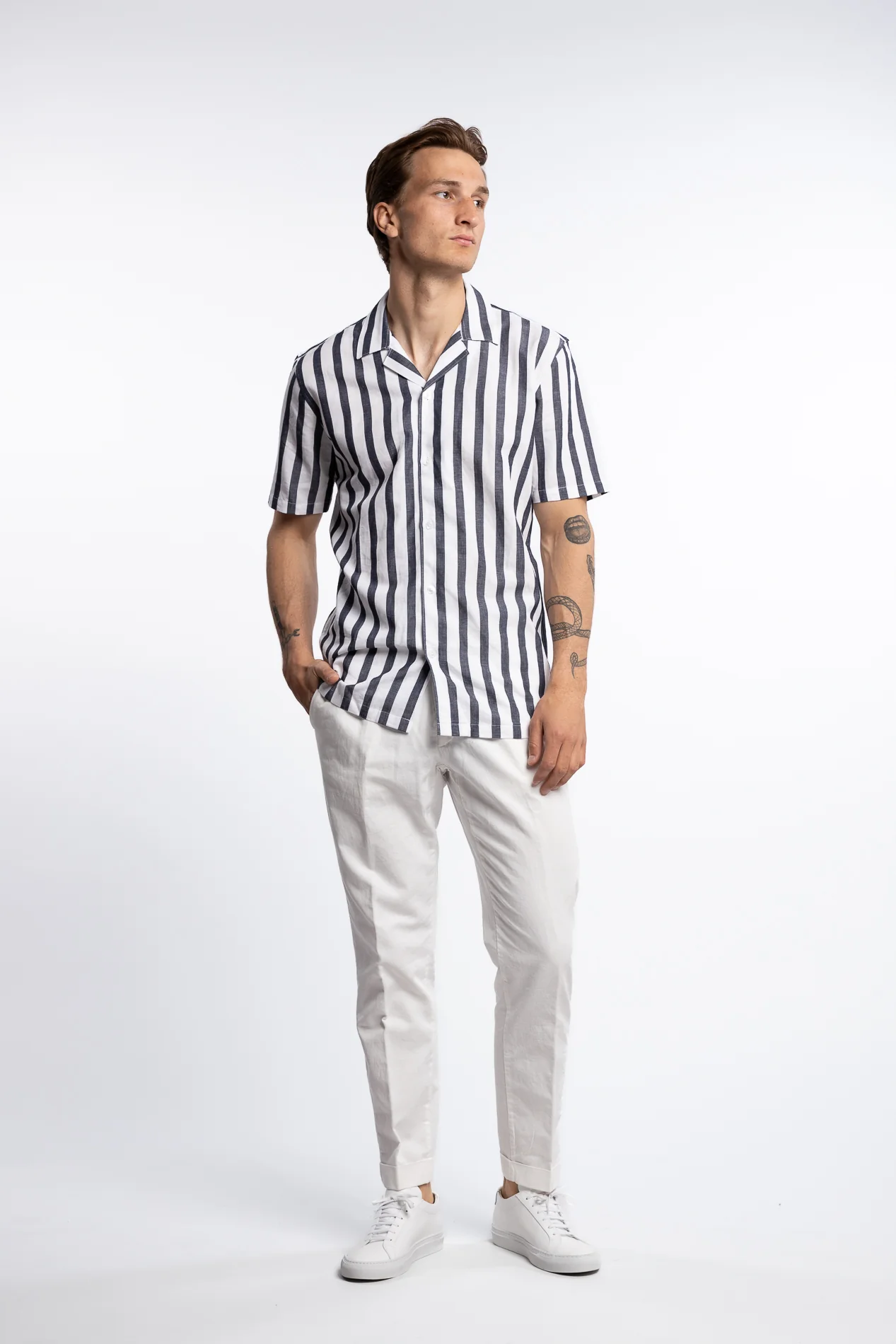 Cotton/Linen Striped Resort S/S Shirt Navy - Image 4