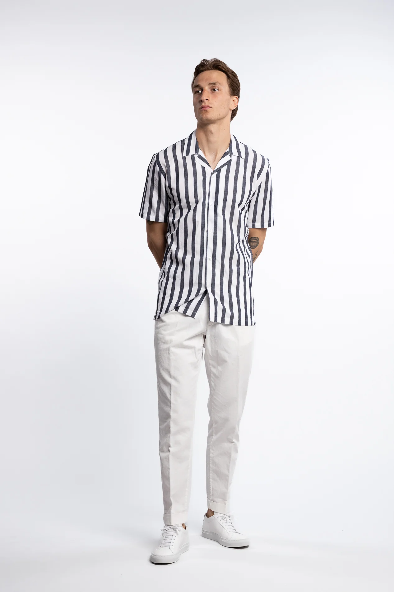 Cotton/Linen Striped Resort S/S Shirt Navy - Image 5