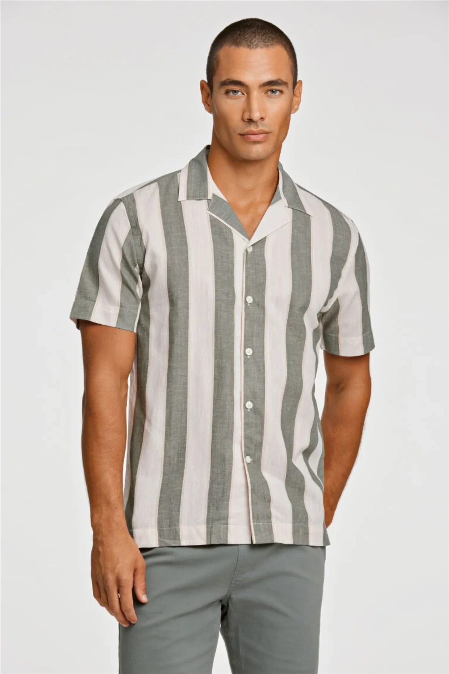 Striped Linen/Cotton Shirt S/S Army - Image 4