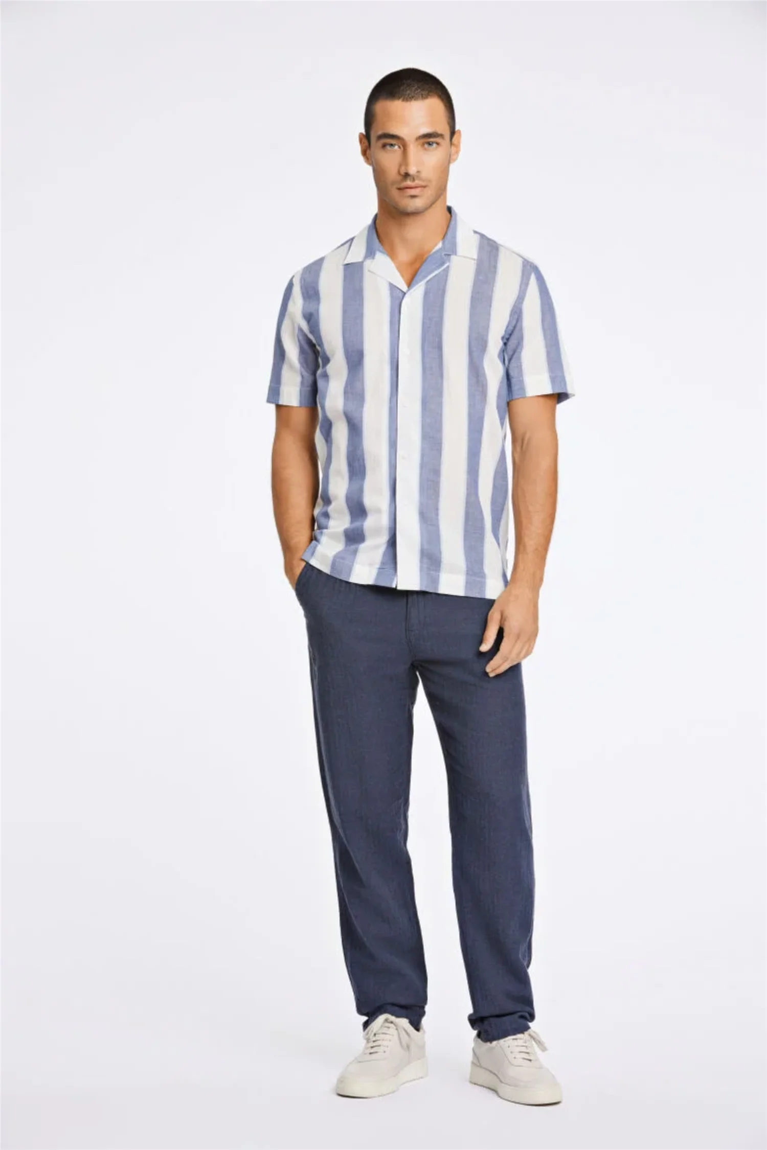 Striped Linen/Cotton Shirt S/S Dk Blue - Image 3