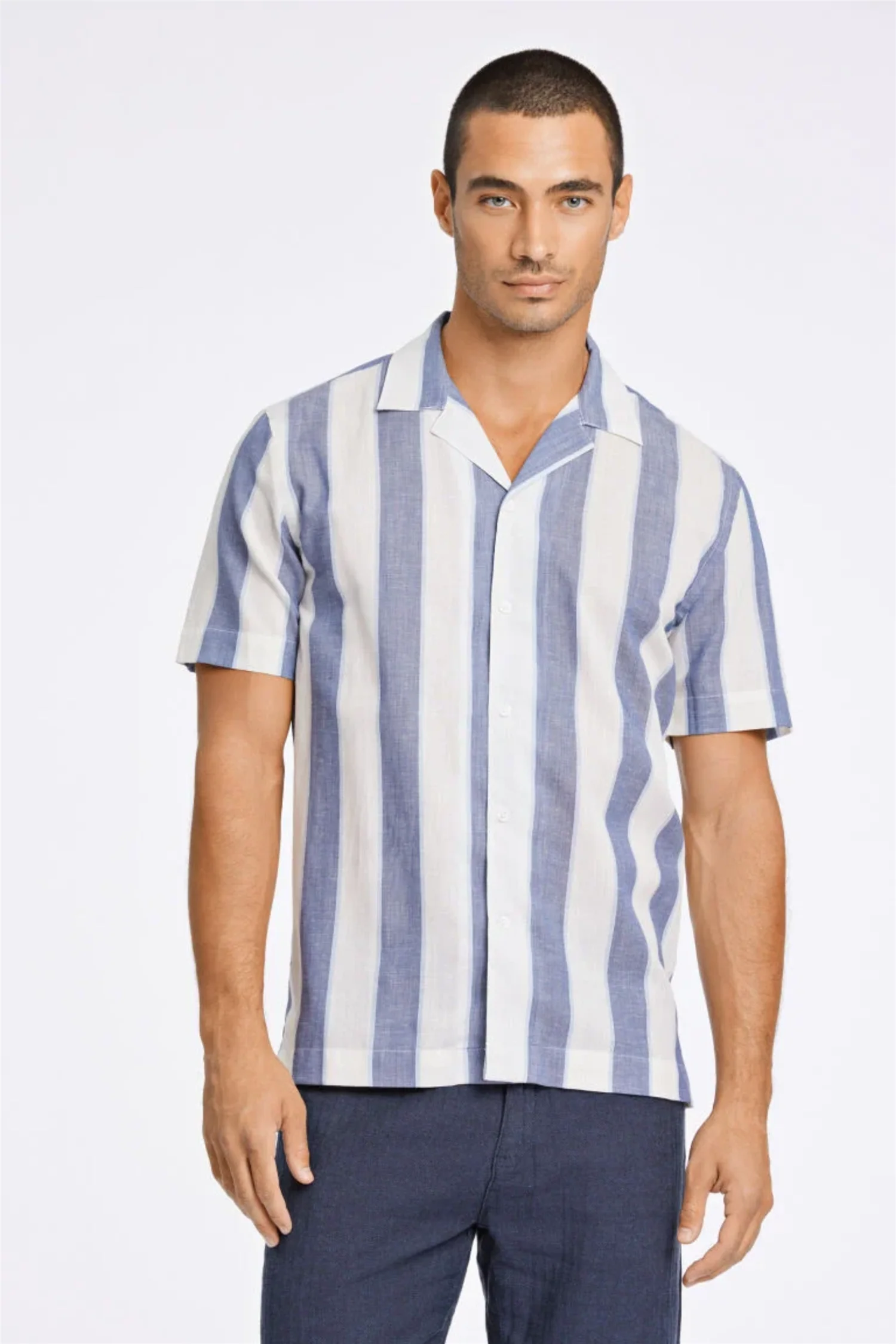 Striped Linen/Cotton Shirt S/S Dk Blue - Image 4