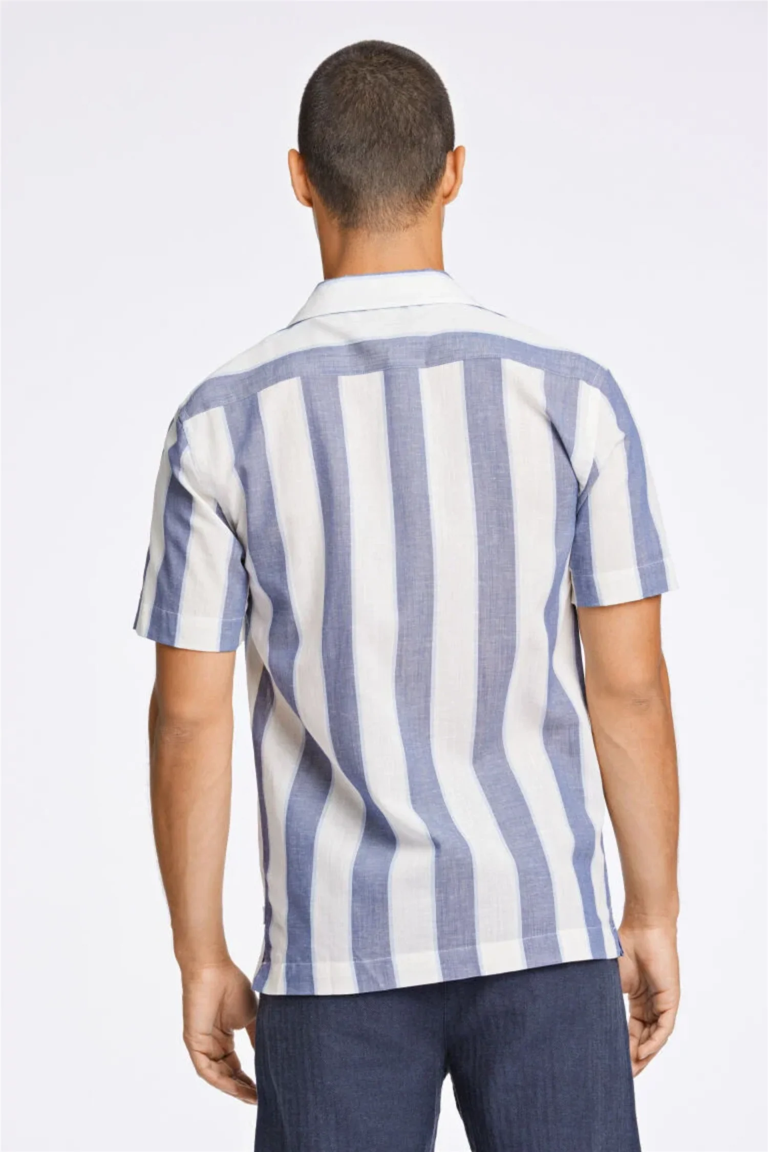 Striped Linen/Cotton Shirt S/S Dk Blue - Image 5