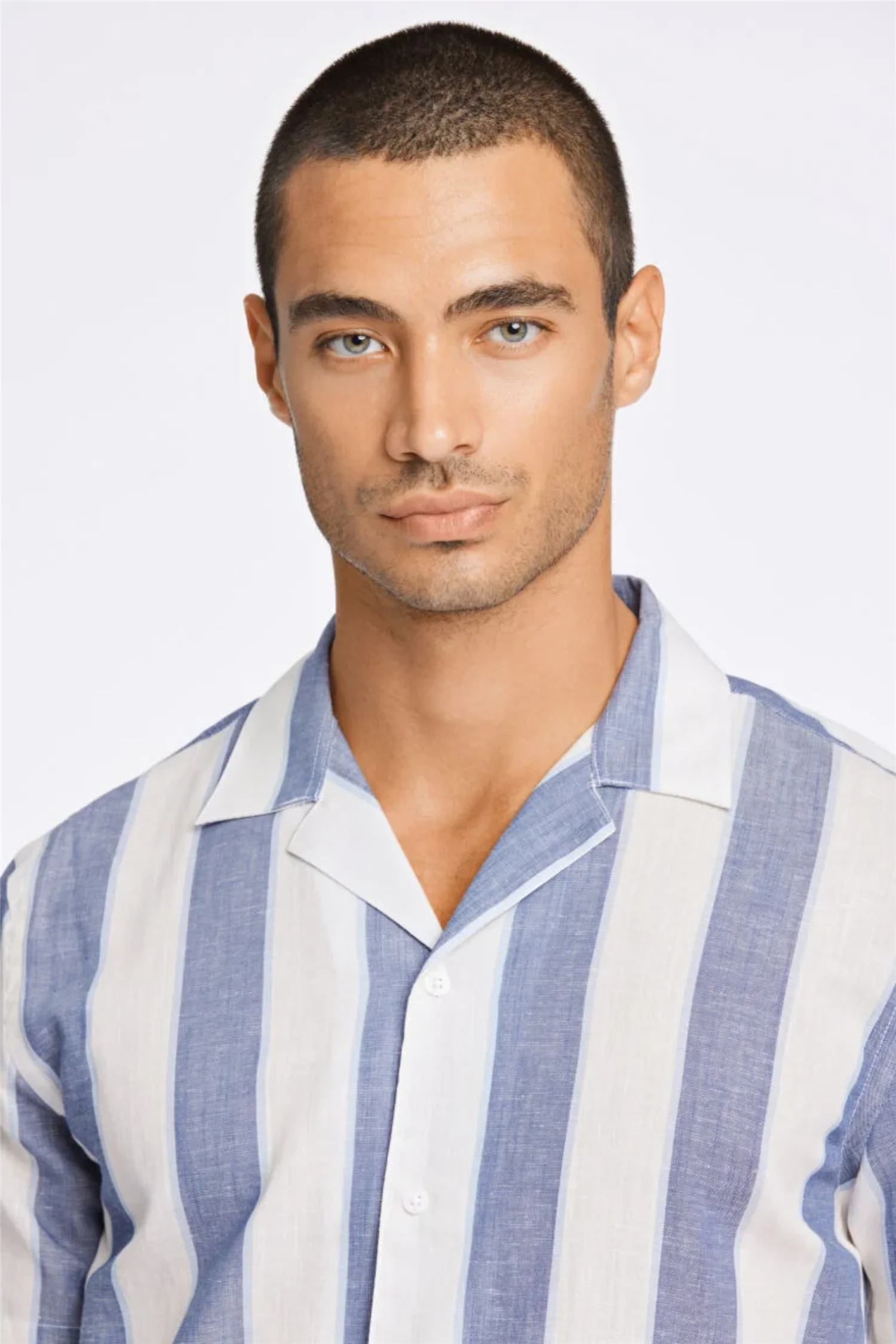 Striped Linen/Cotton Shirt S/S Dk Blue - Image 6