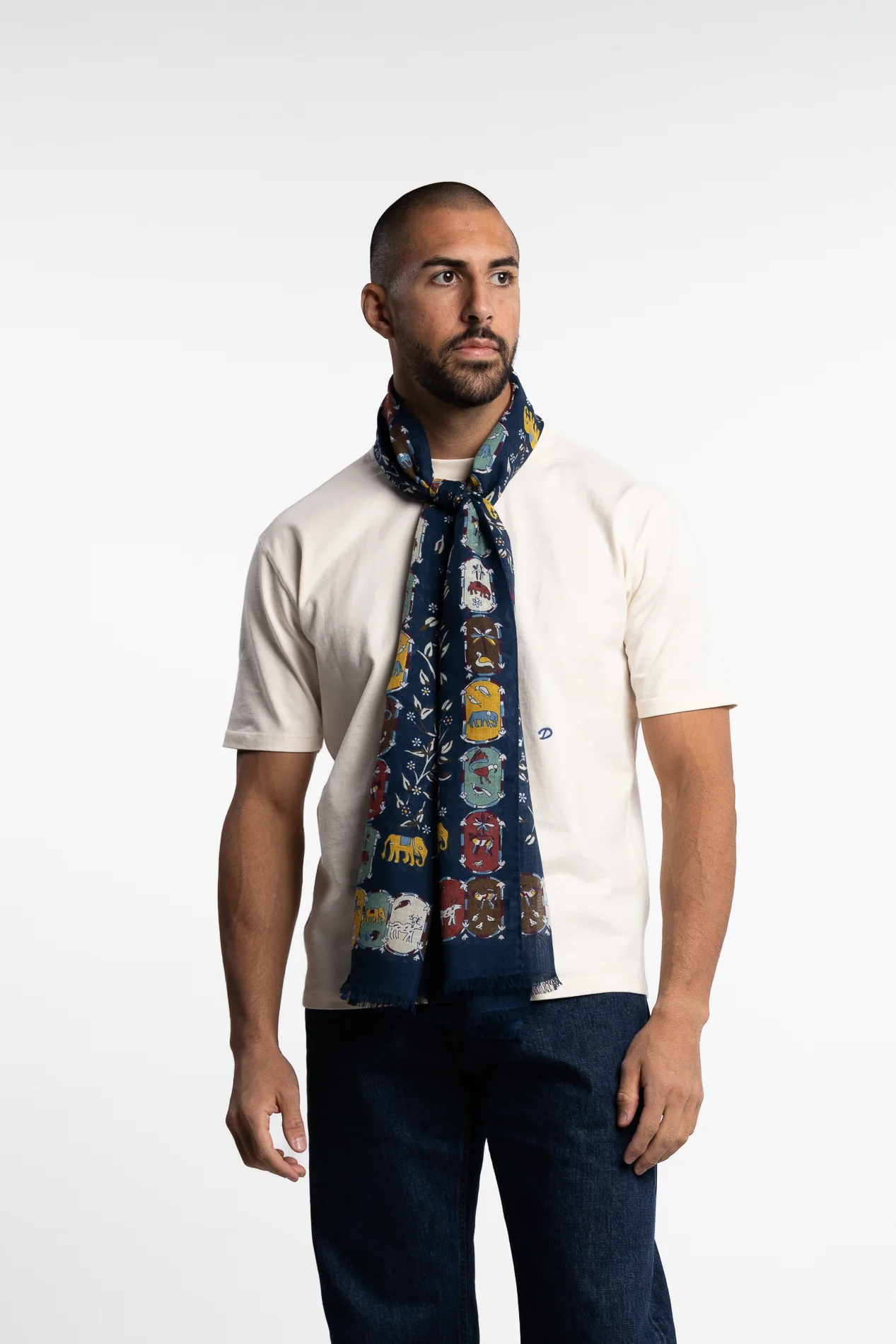 Elephants & Flowers Wool-Silk Scarf Navy - Image 2