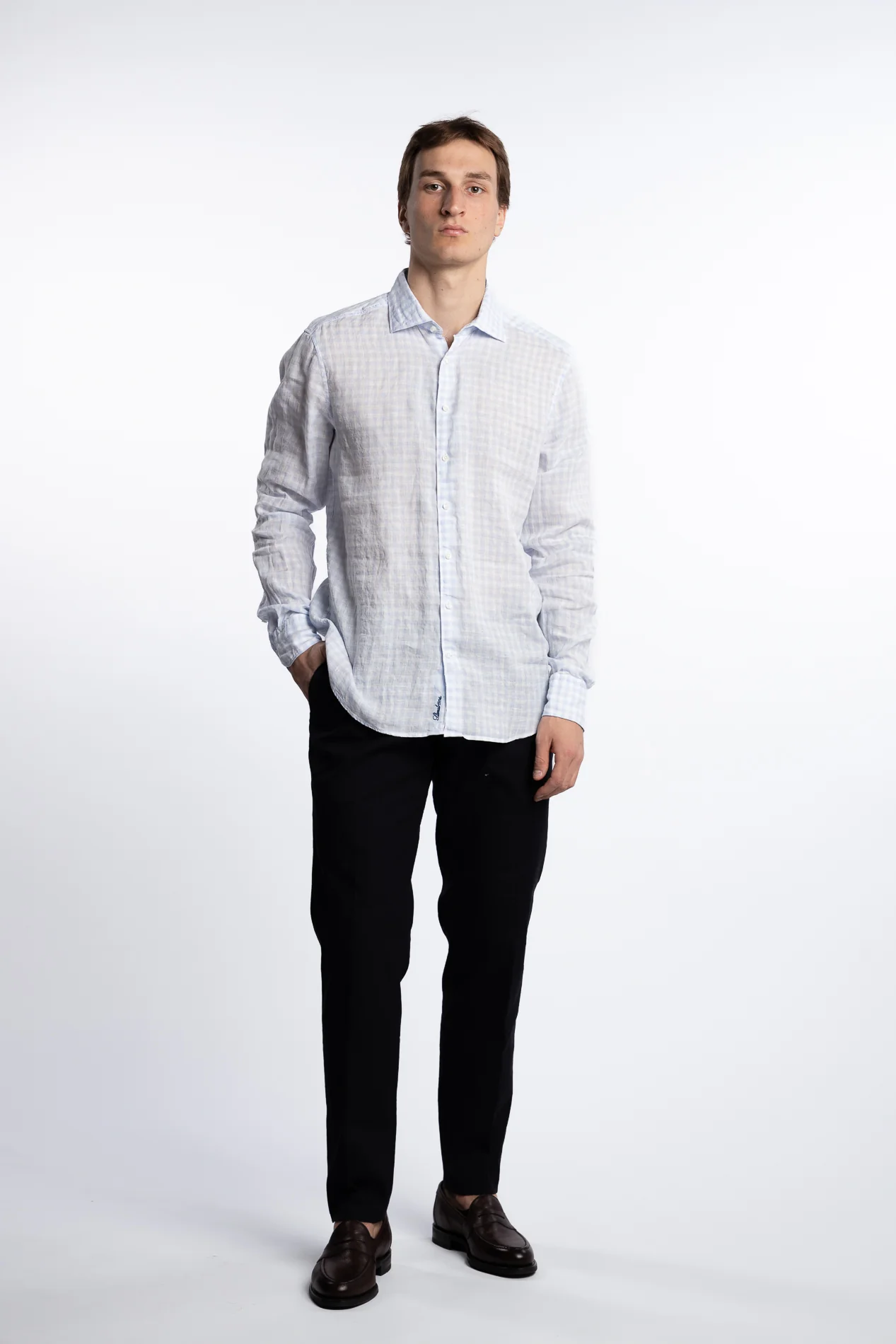 Slimline Linen Shirt Light Blue Check - Image 2