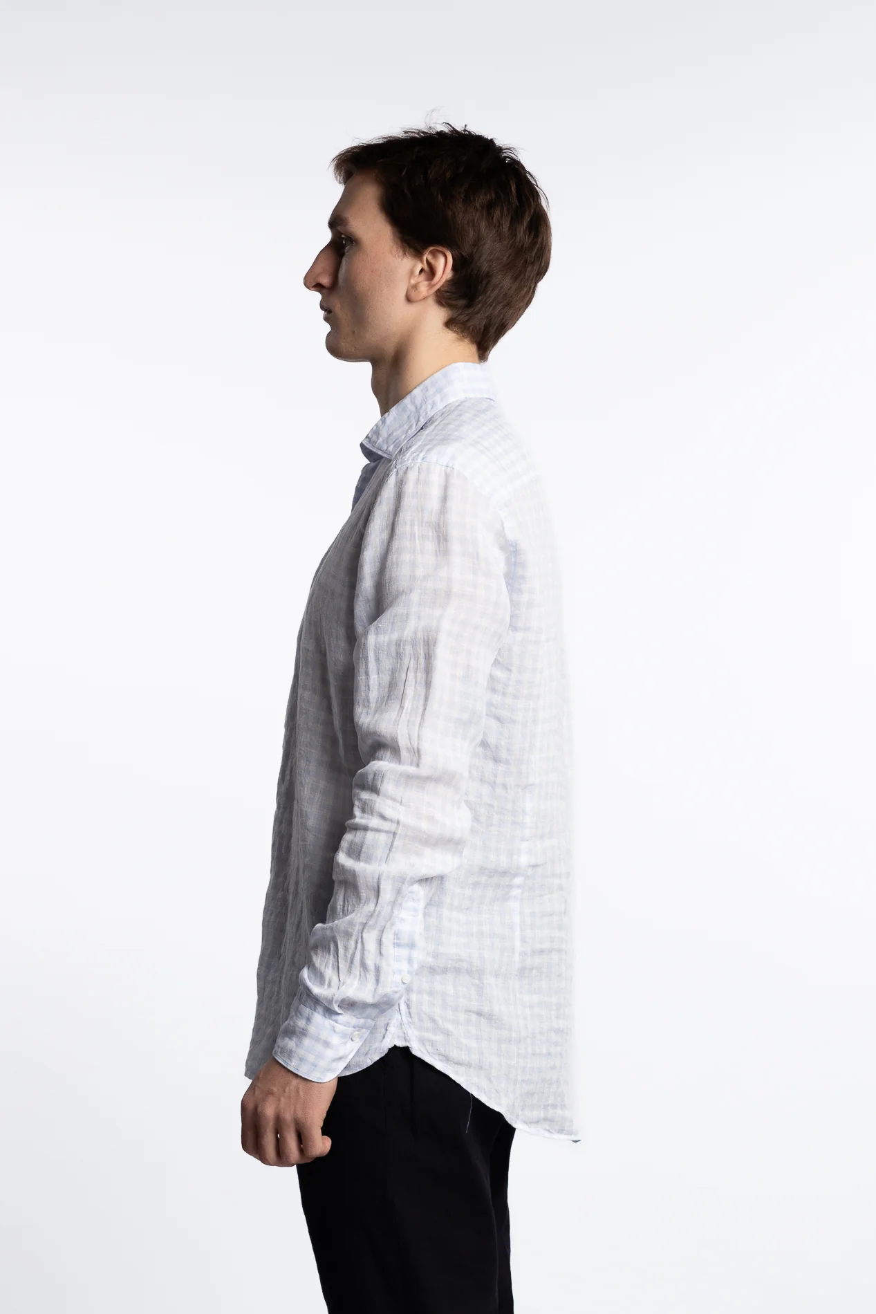 Slimline Linen Shirt Light Blue Check - Image 4