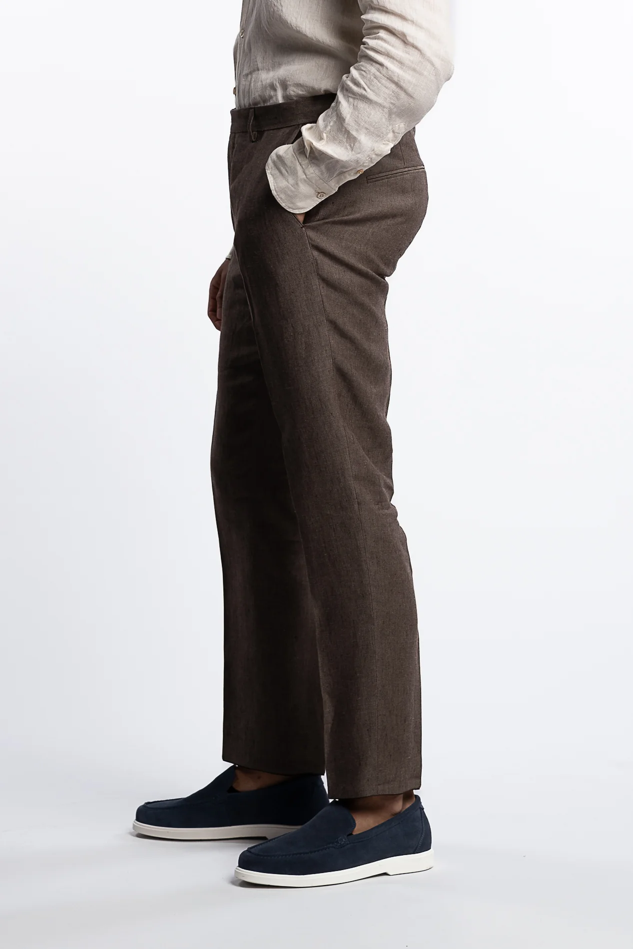 Denz Slim Fit Linen Trousers Dusk Brown - Image 2