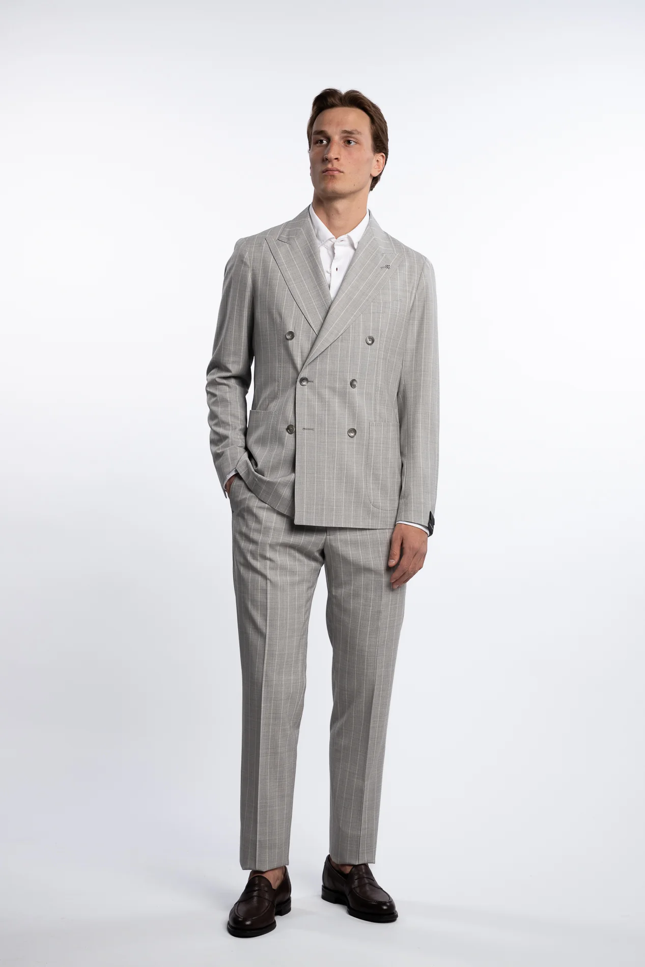 Double Breasted Wool/Silk Regular Fit Suit Grey Pinstripe - Image 2