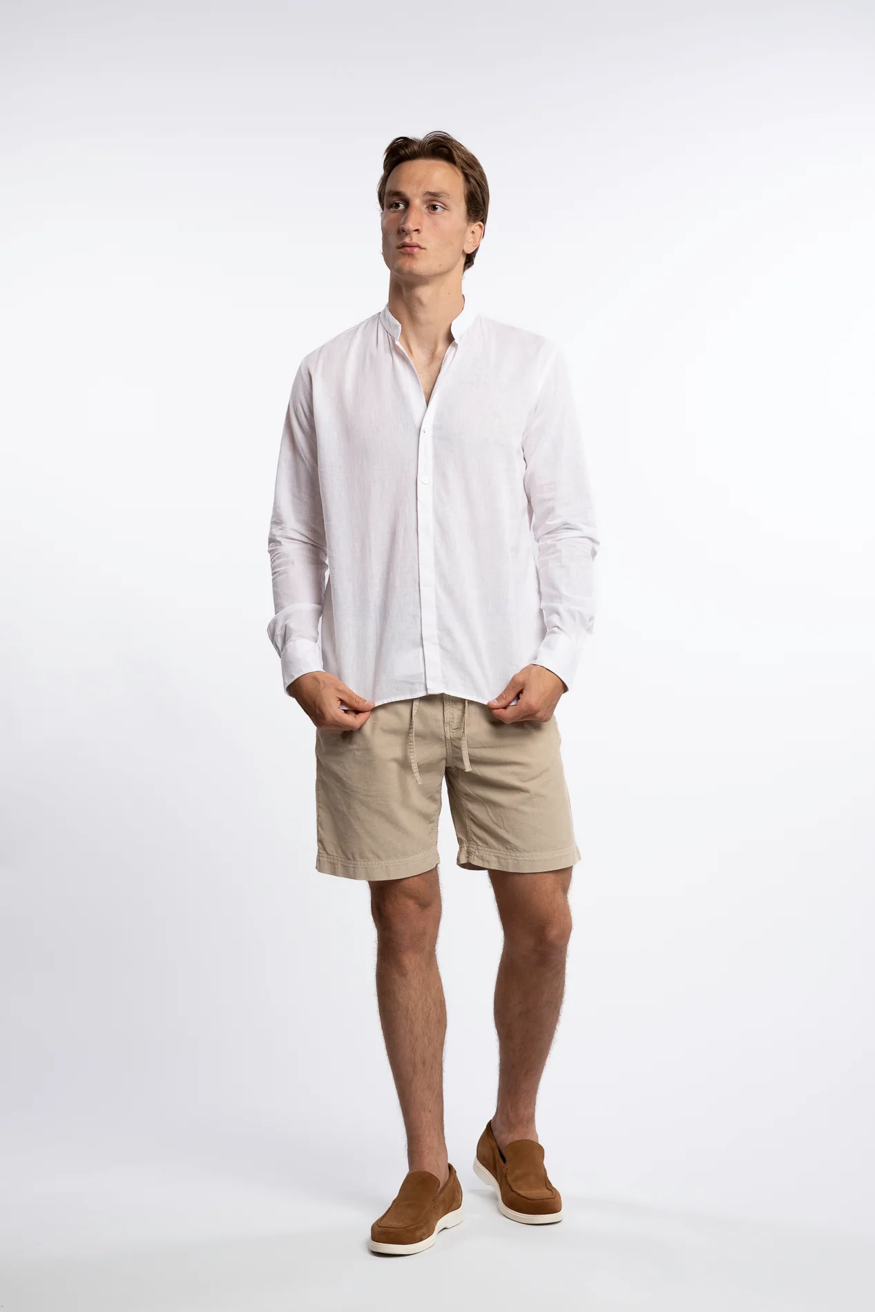 Linen Mandarin Collar Shirt White - Image 4