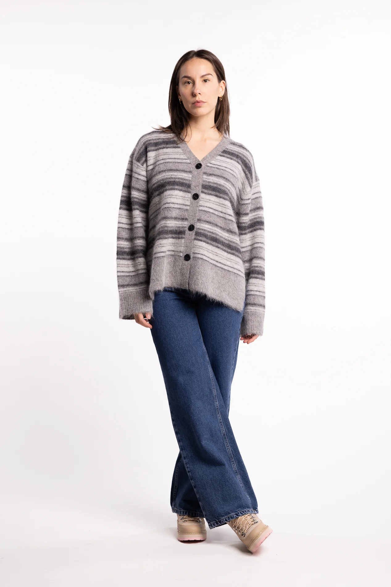 Fluffy Stripe Cardigan - Grey Stripe - Image 4