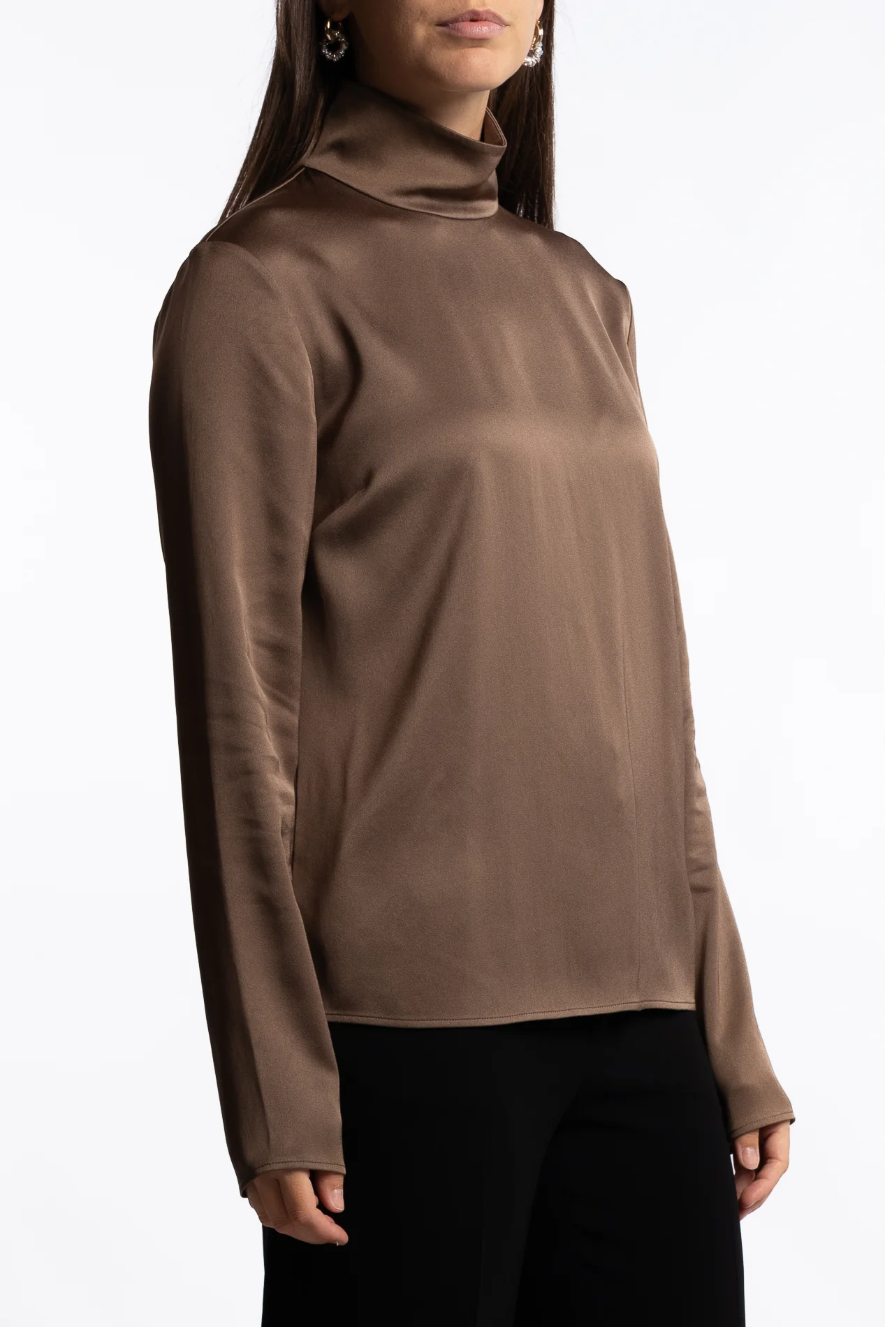 Turtleneck Satin Blouse- Oak Brown - Image 2