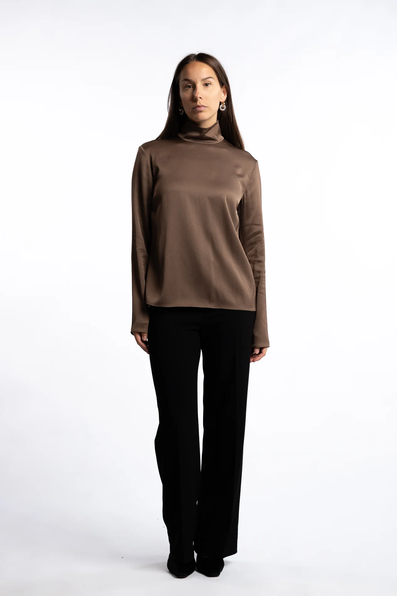 Turtleneck Satin Blouse- Oak Brown - Image 7