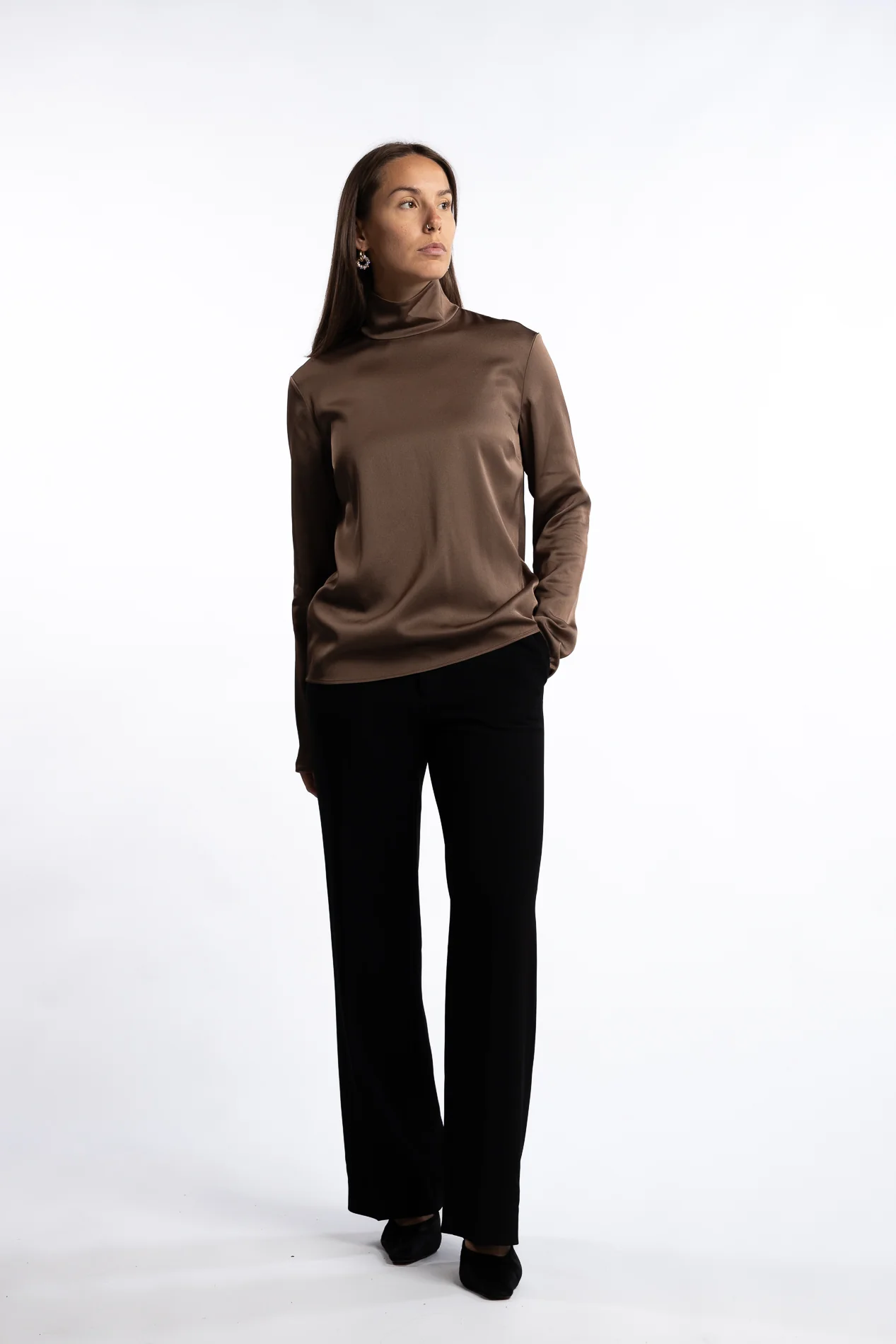 Turtleneck Satin Blouse- Oak Brown - Image 8