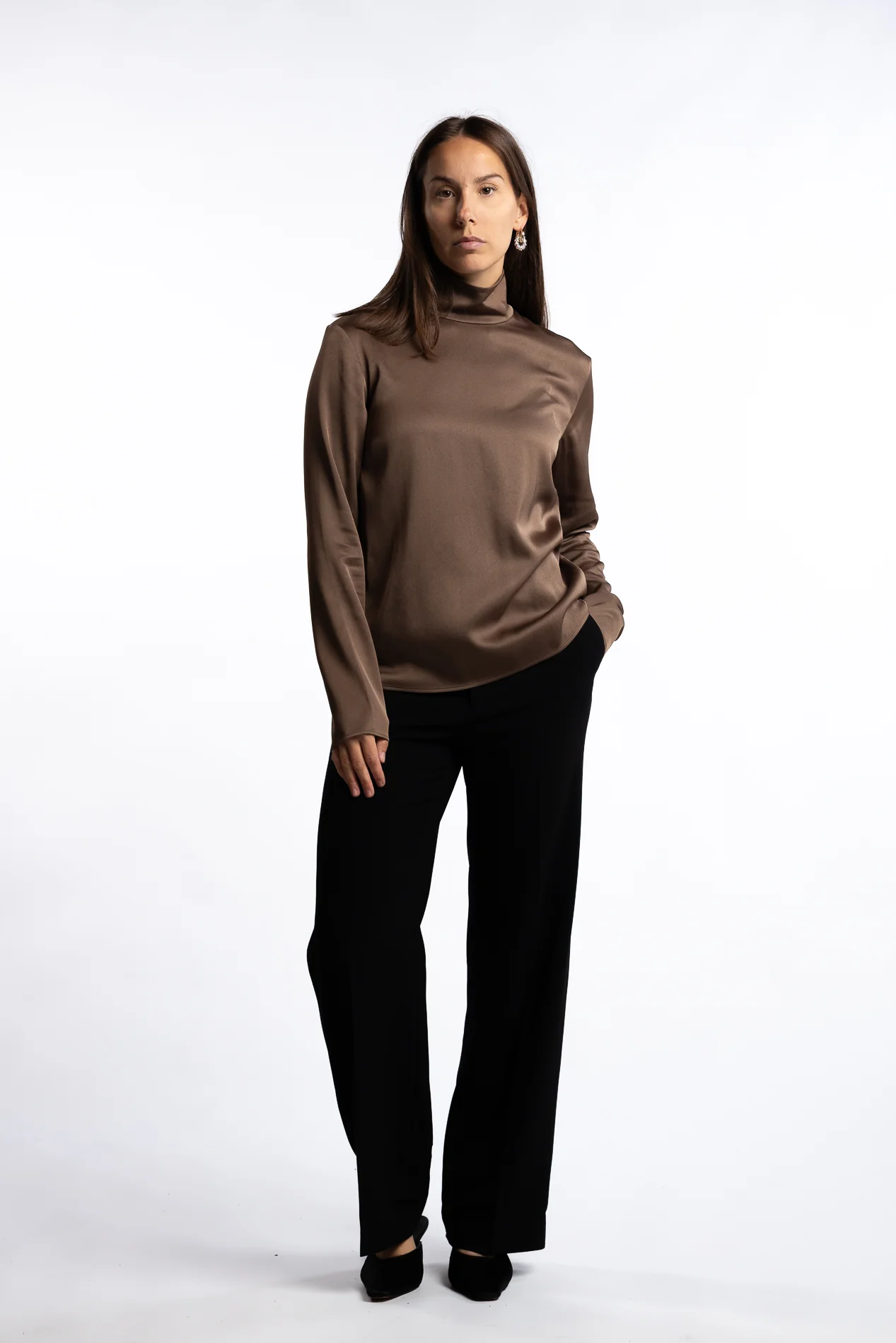 Turtleneck Satin Blouse- Oak Brown - Image 9