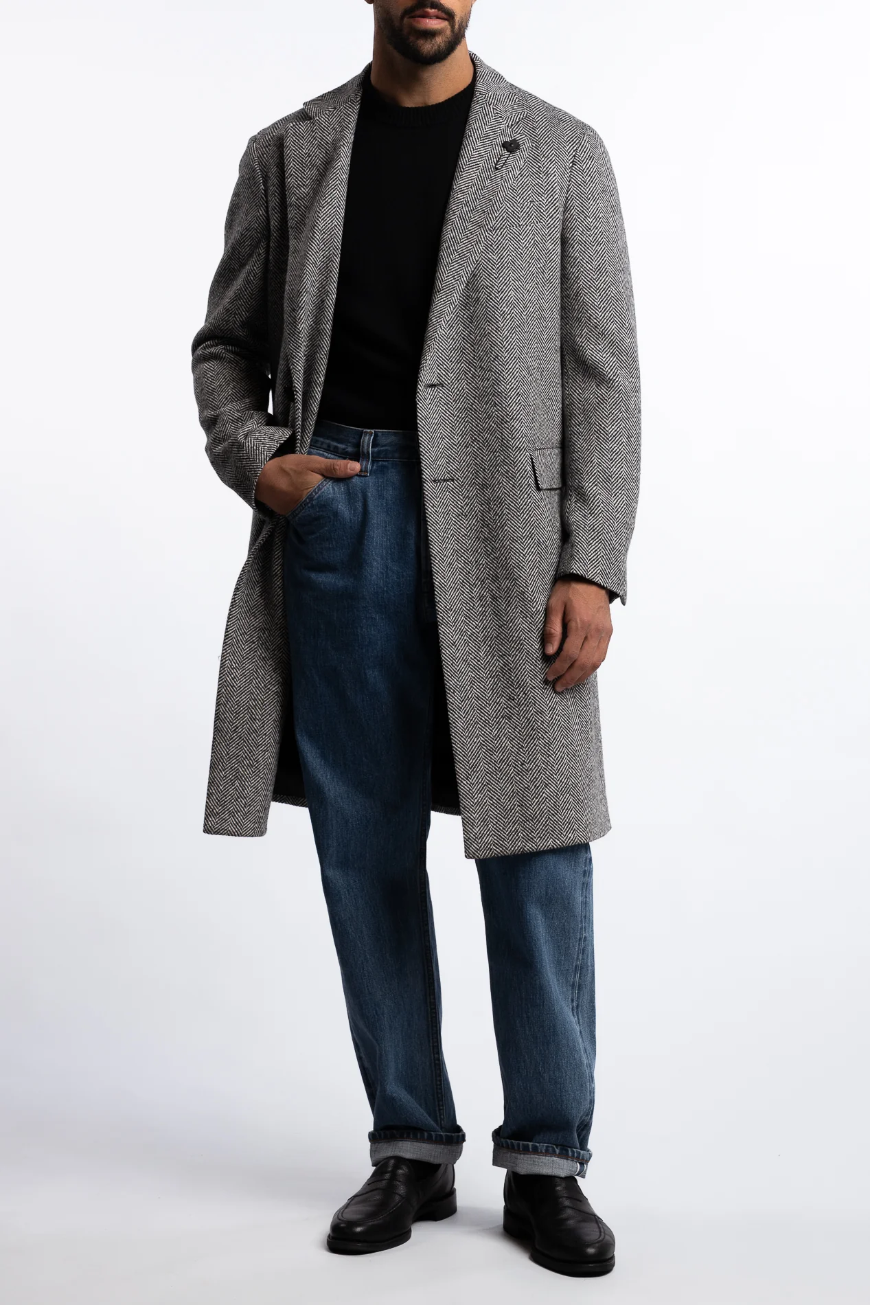 Wool Herringbone Coat Black/White - Image 4
