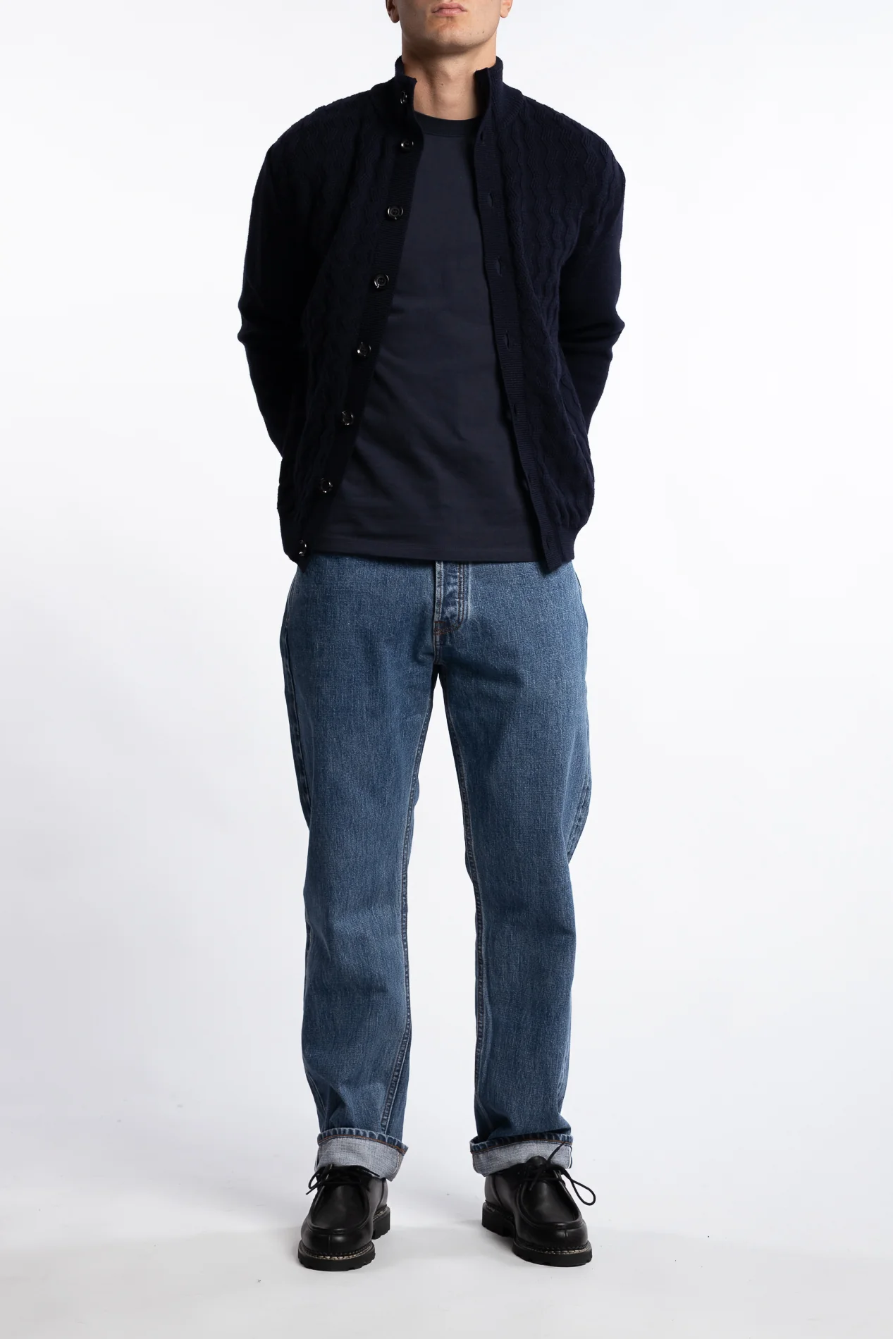Cableknit Wool Cardigan Navy - Image 5