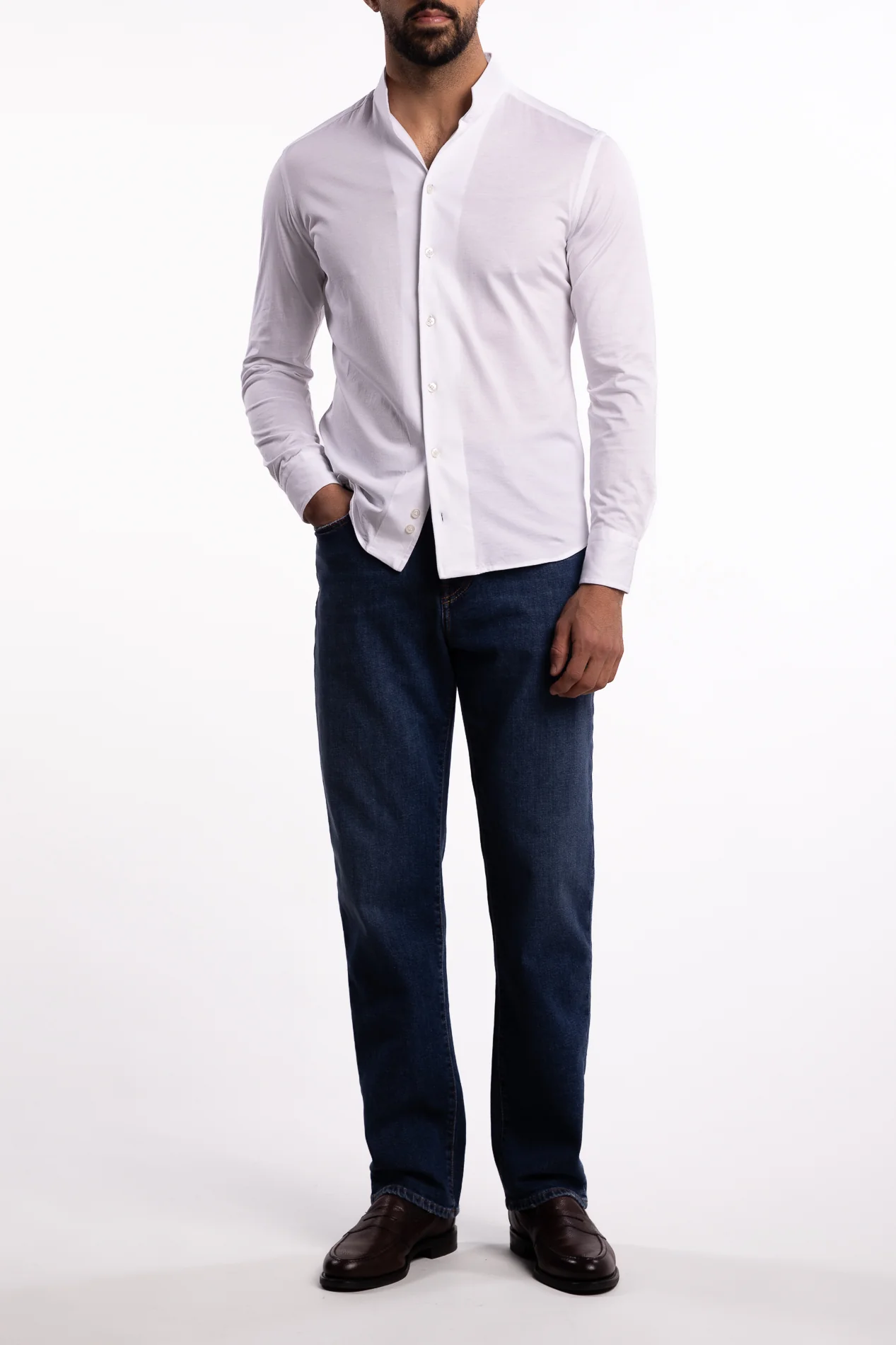No Collar Cotton Shirt White - Image 5