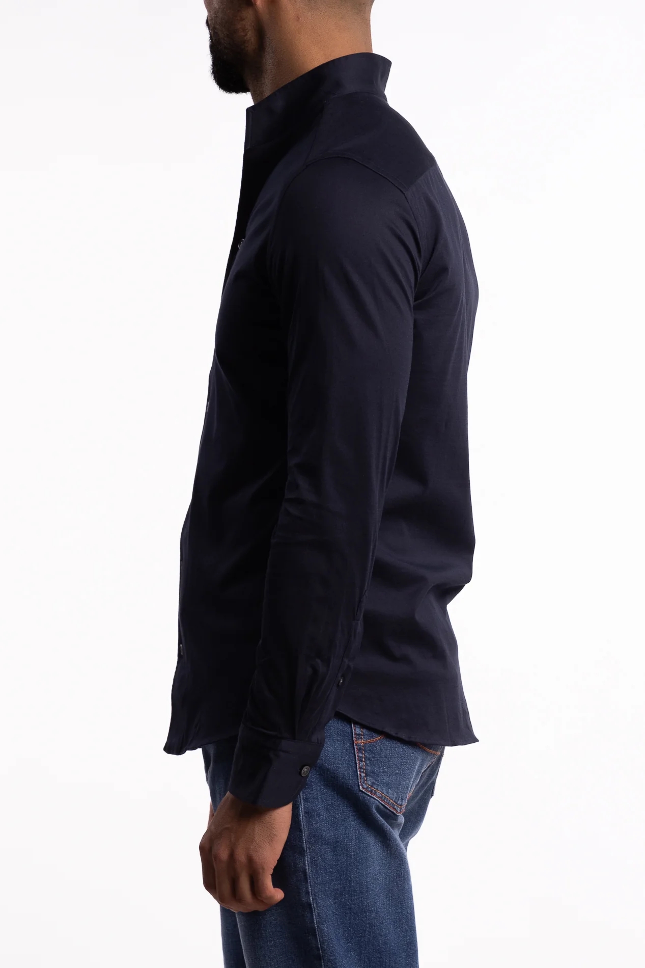No Collar Cotton Shirt Navy - Image 3