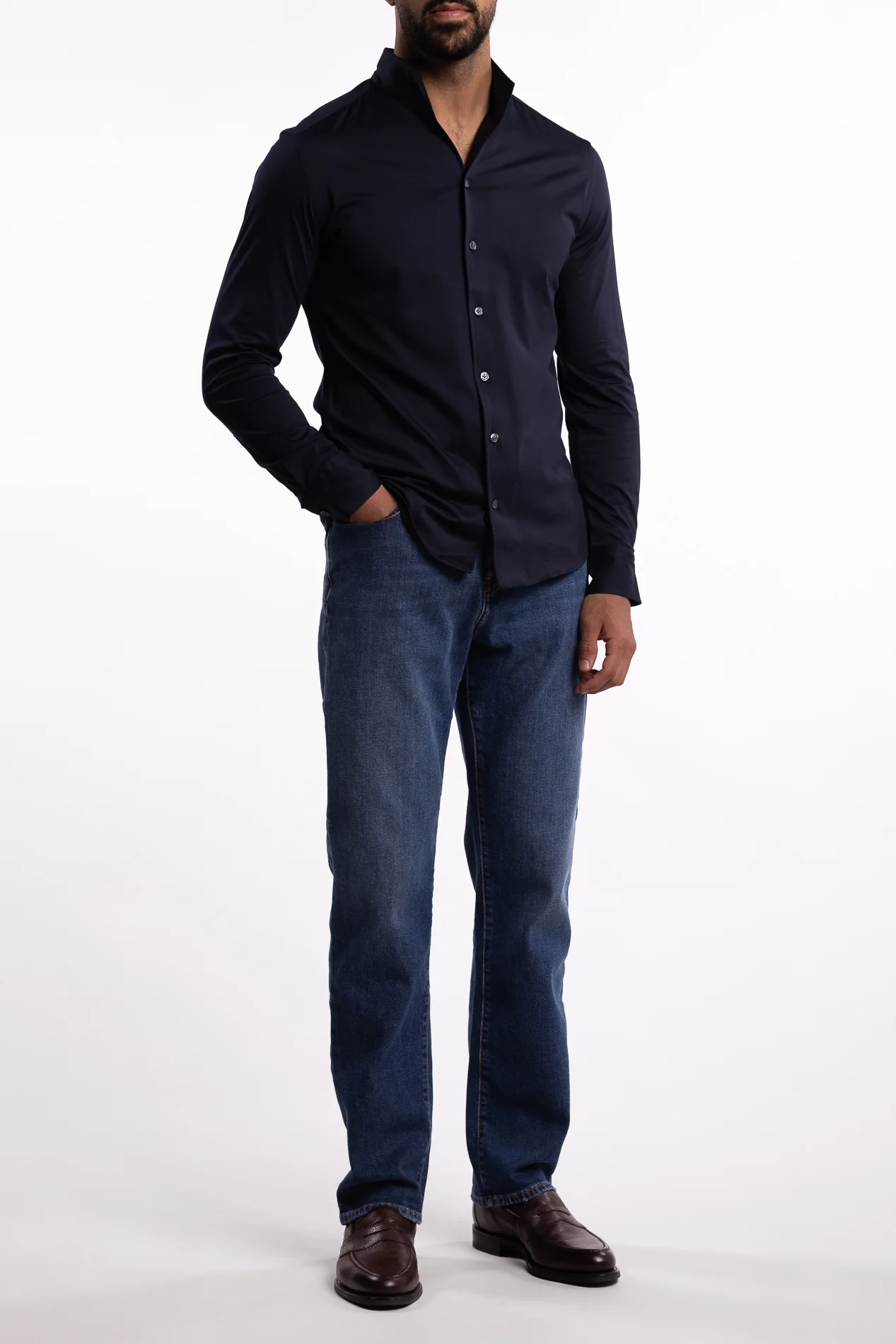 No Collar Cotton Shirt Navy - Image 5