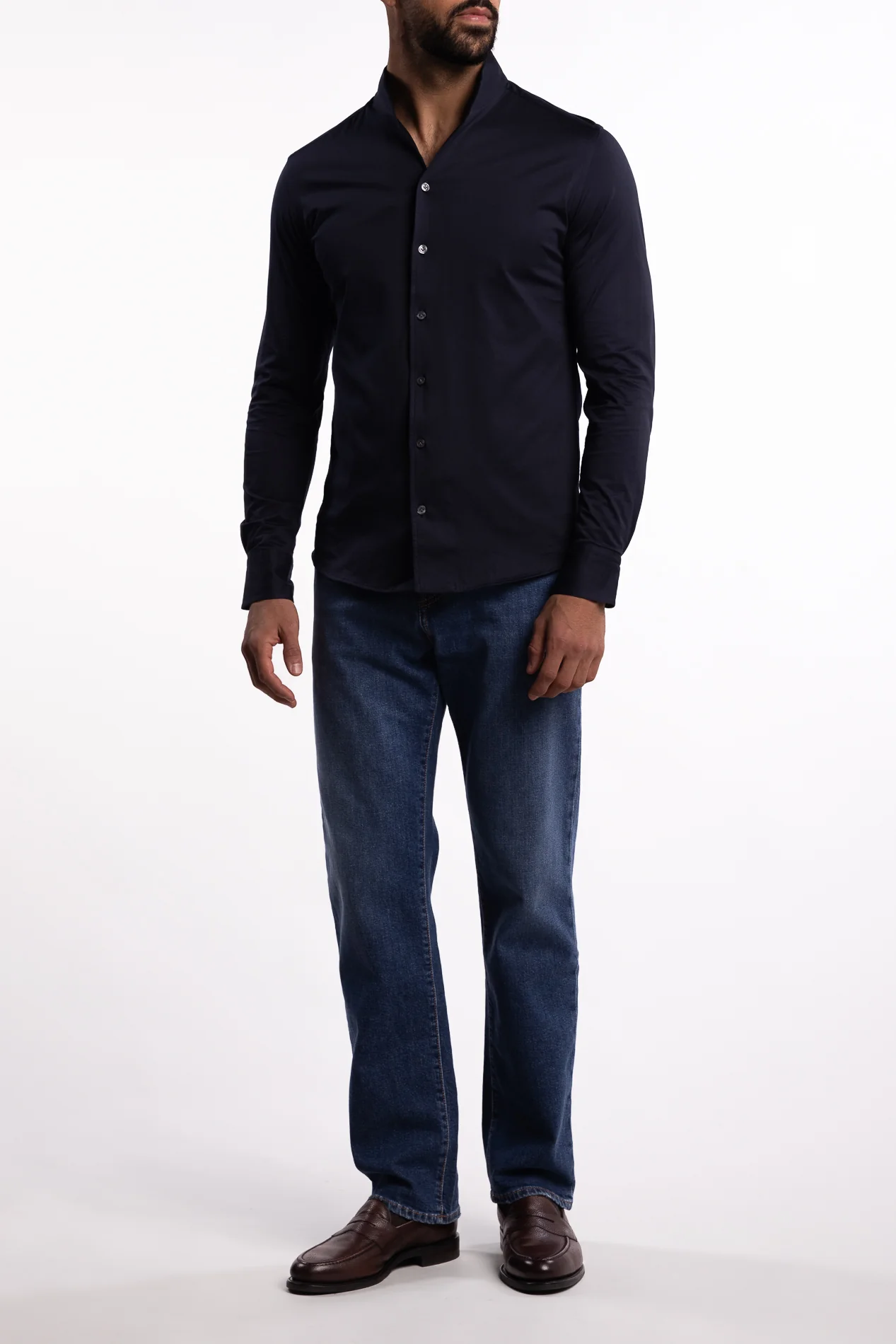 No Collar Cotton Shirt Navy - Image 6