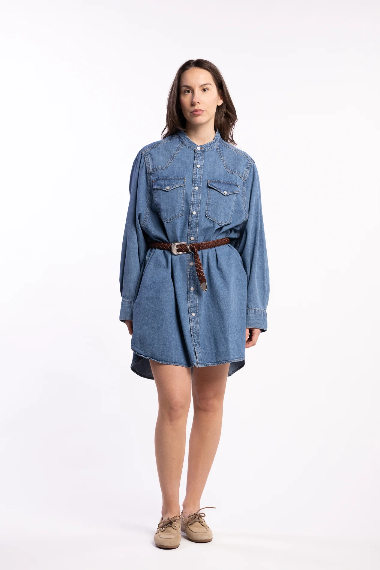 Western Denim Shirt Dress Washed Mid Blue - Image 2