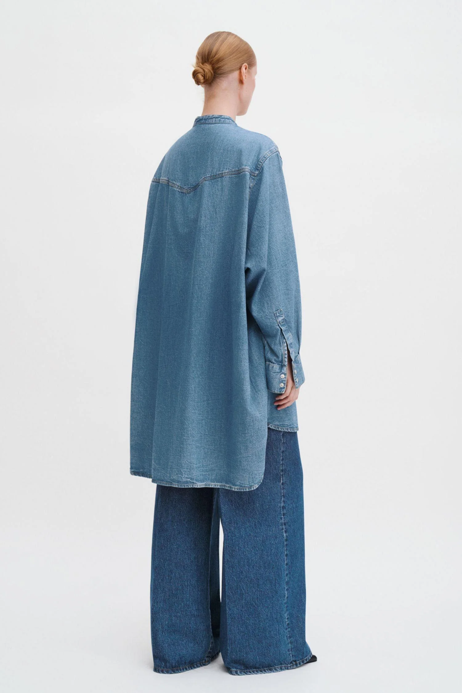 Western Denim Shirt Dress Washed Mid Blue - Image 3