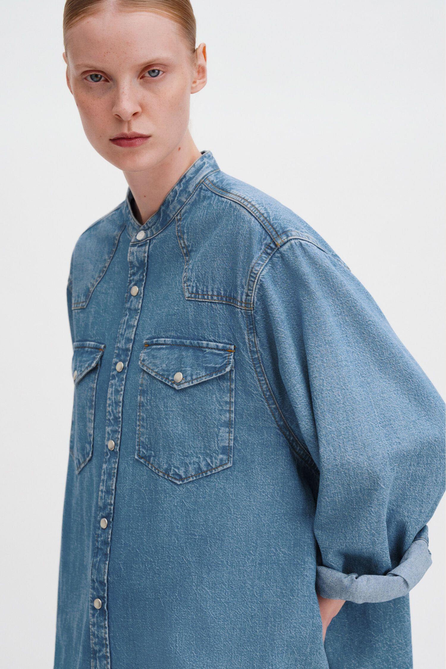 Western Denim Shirt Dress Washed Mid Blue - Image 4