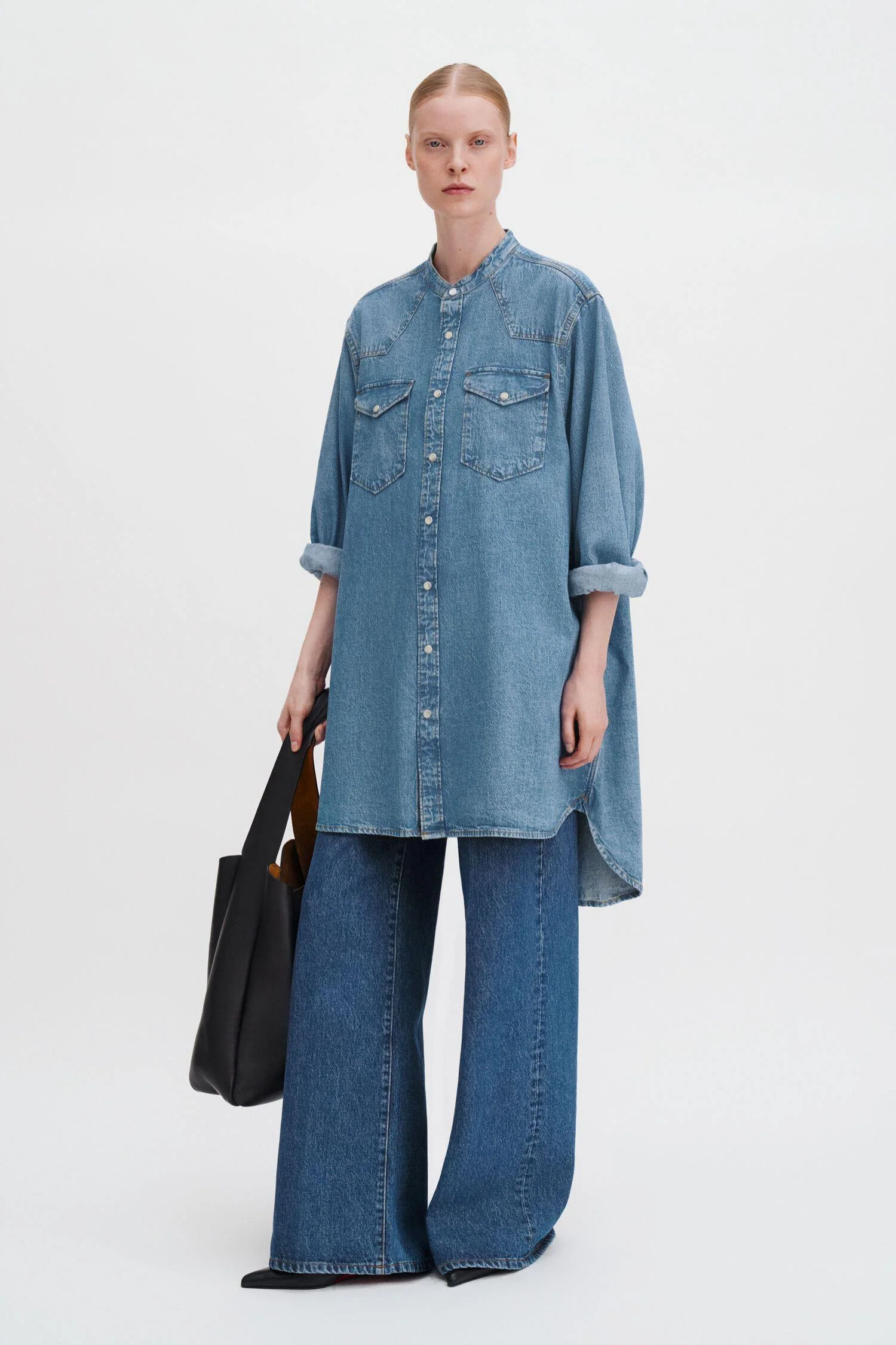 Western Denim Shirt Dress Washed Mid Blue - Image 5