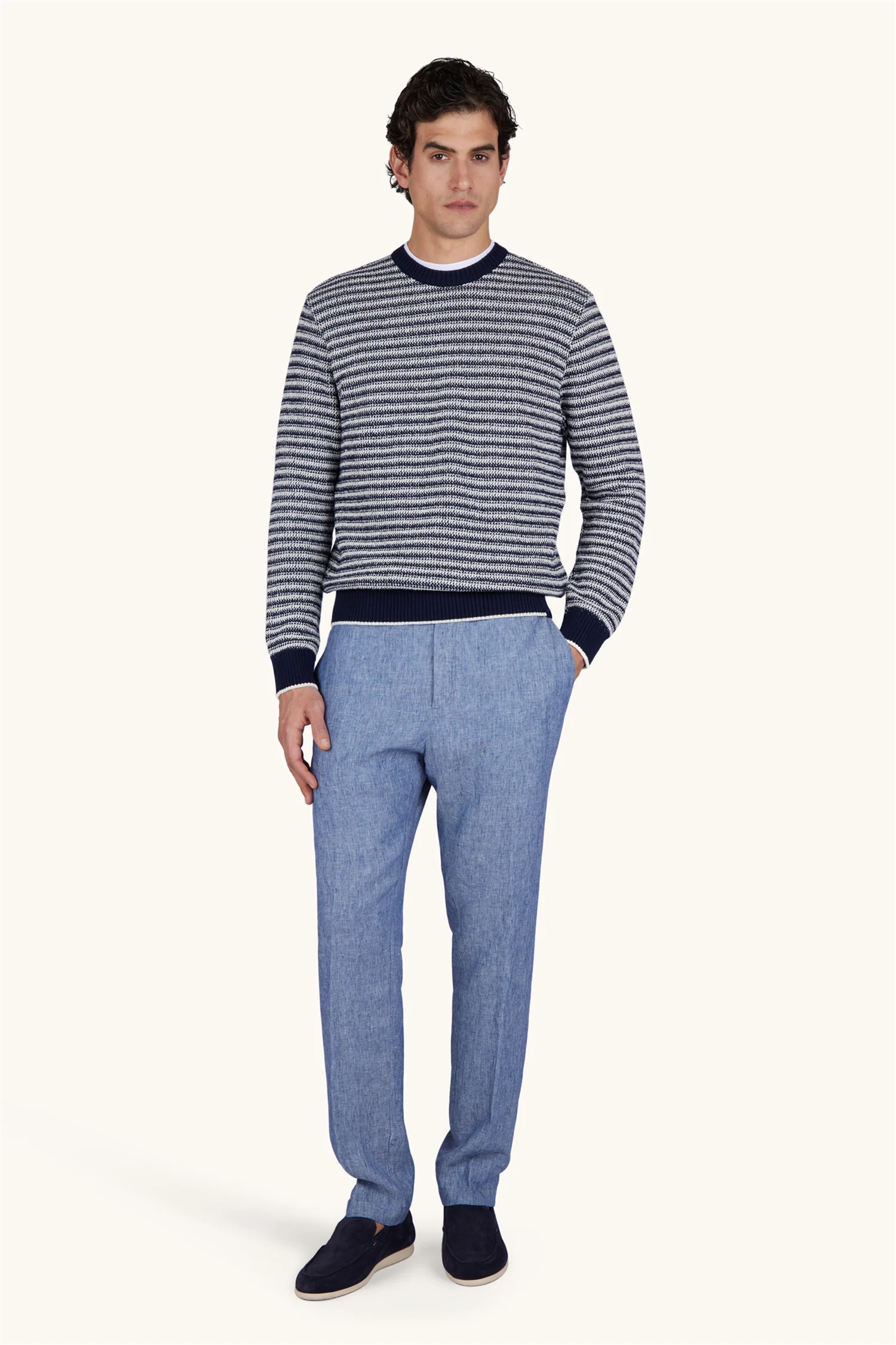 Crew‑Neck Sweater in Bouclé Cotton with Striped Pattern - Image 2