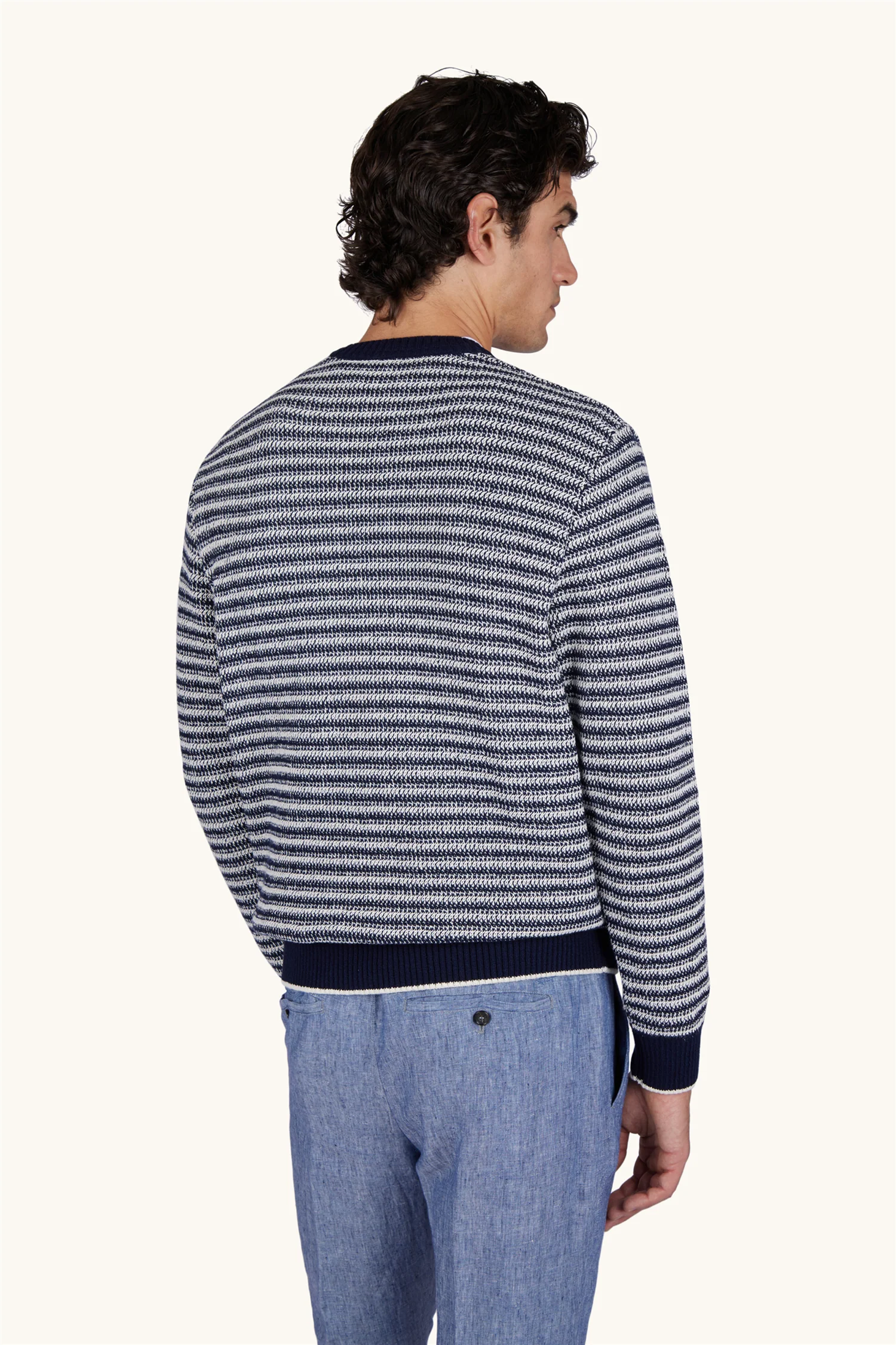 Crew‑Neck Sweater in Bouclé Cotton with Striped Pattern - Image 3