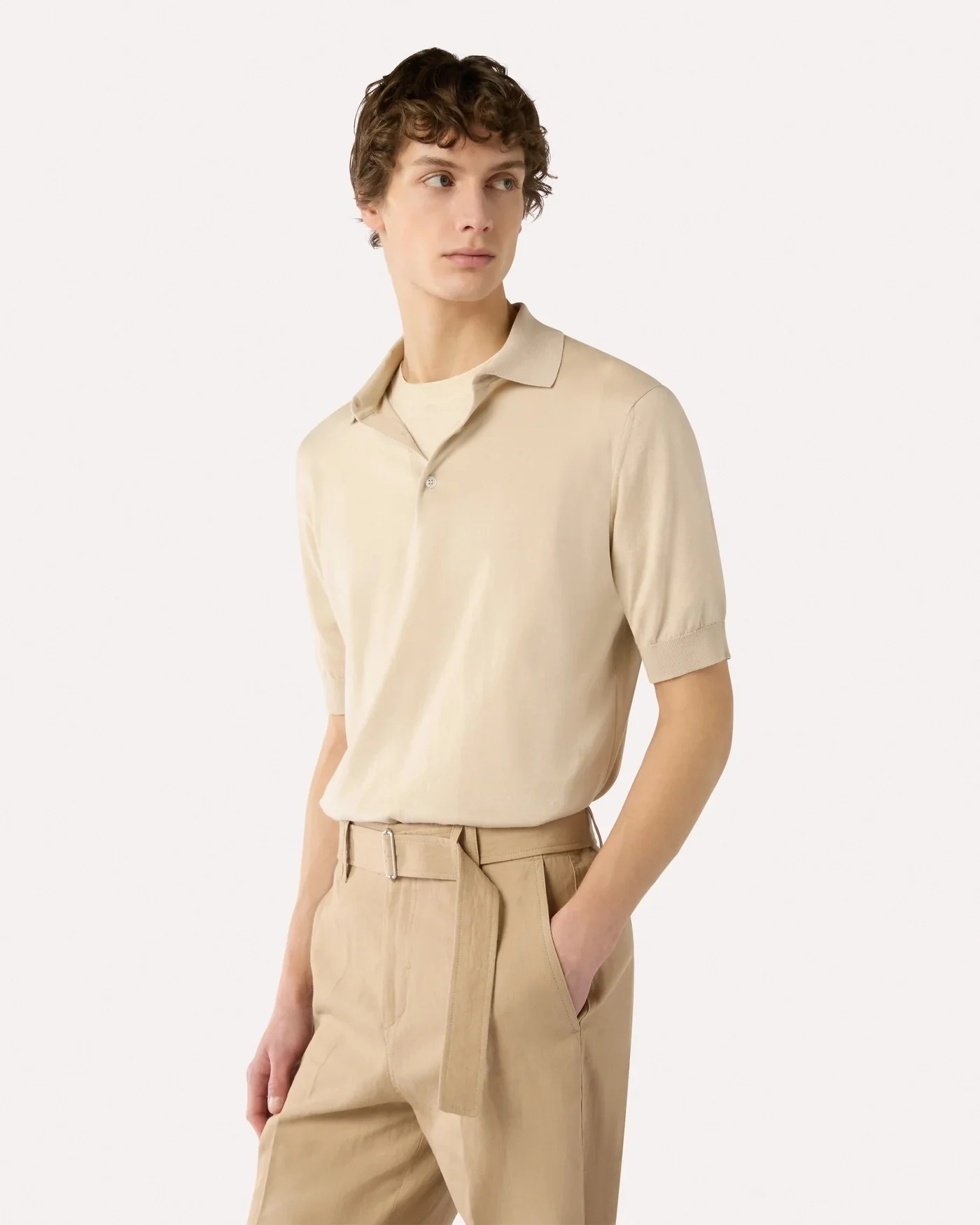 Knitted Cotton Polo Shirt Cream - Image 4