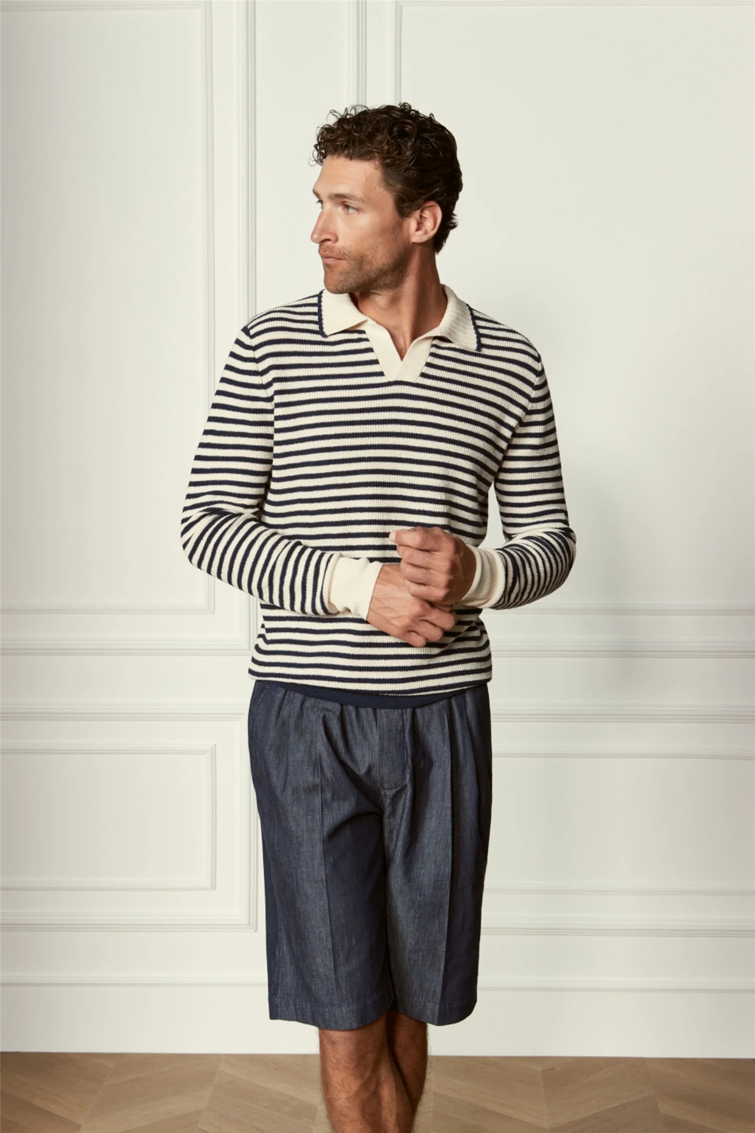 Striped Knitted Skipper Polo Off-White/Blue - Image 3