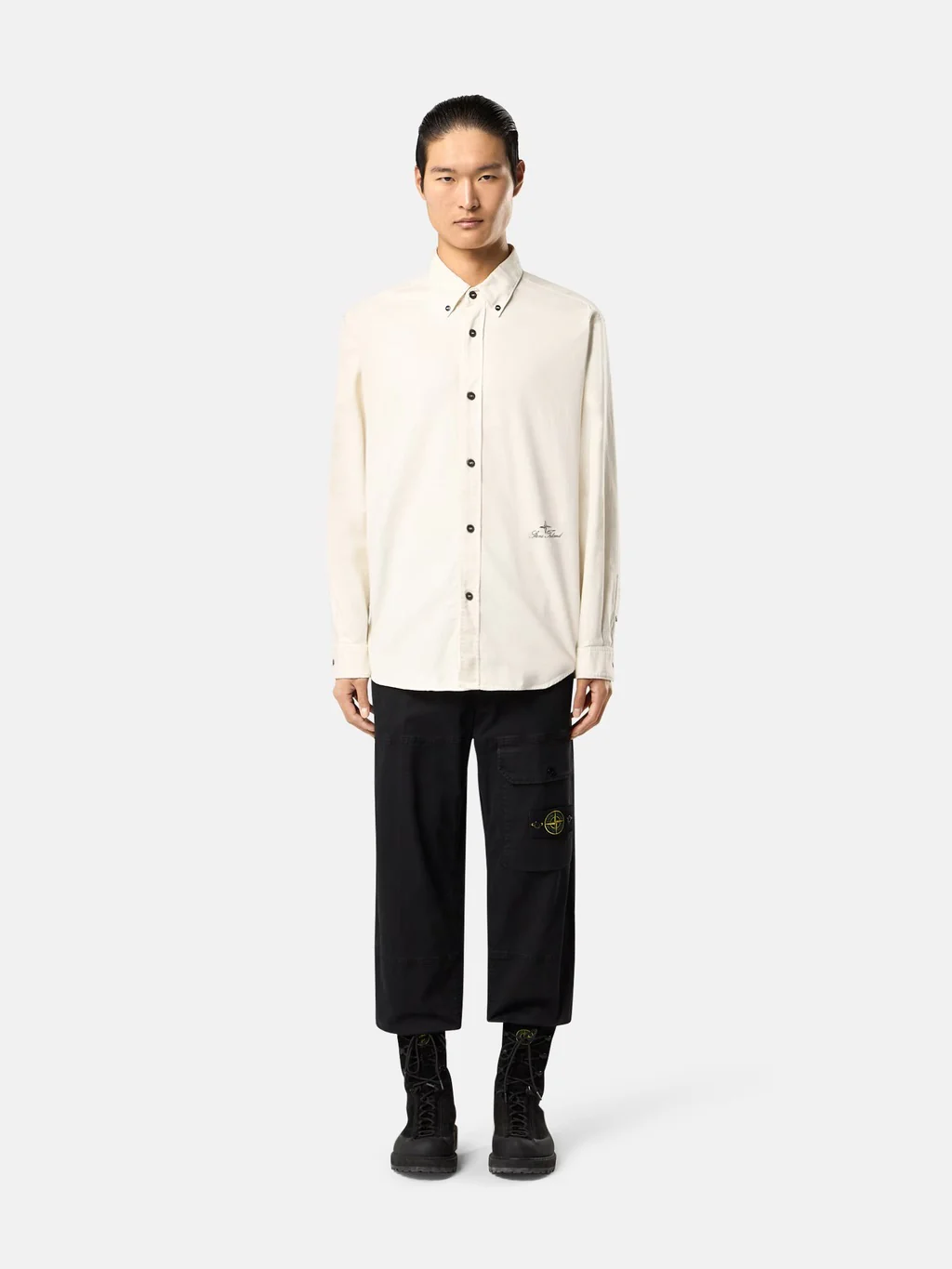 1100004 Comfort-Fit Long-Sleeve Shirt With Logo Embroidery Ivory - Image 2