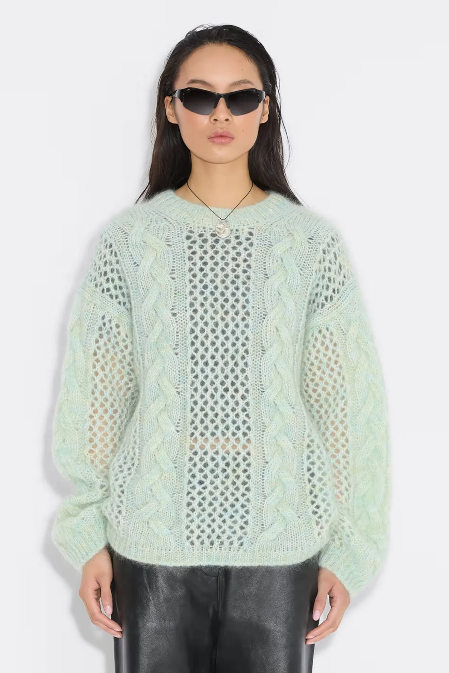 Mohair Cable Knit Crew - Green Mix - Image 2