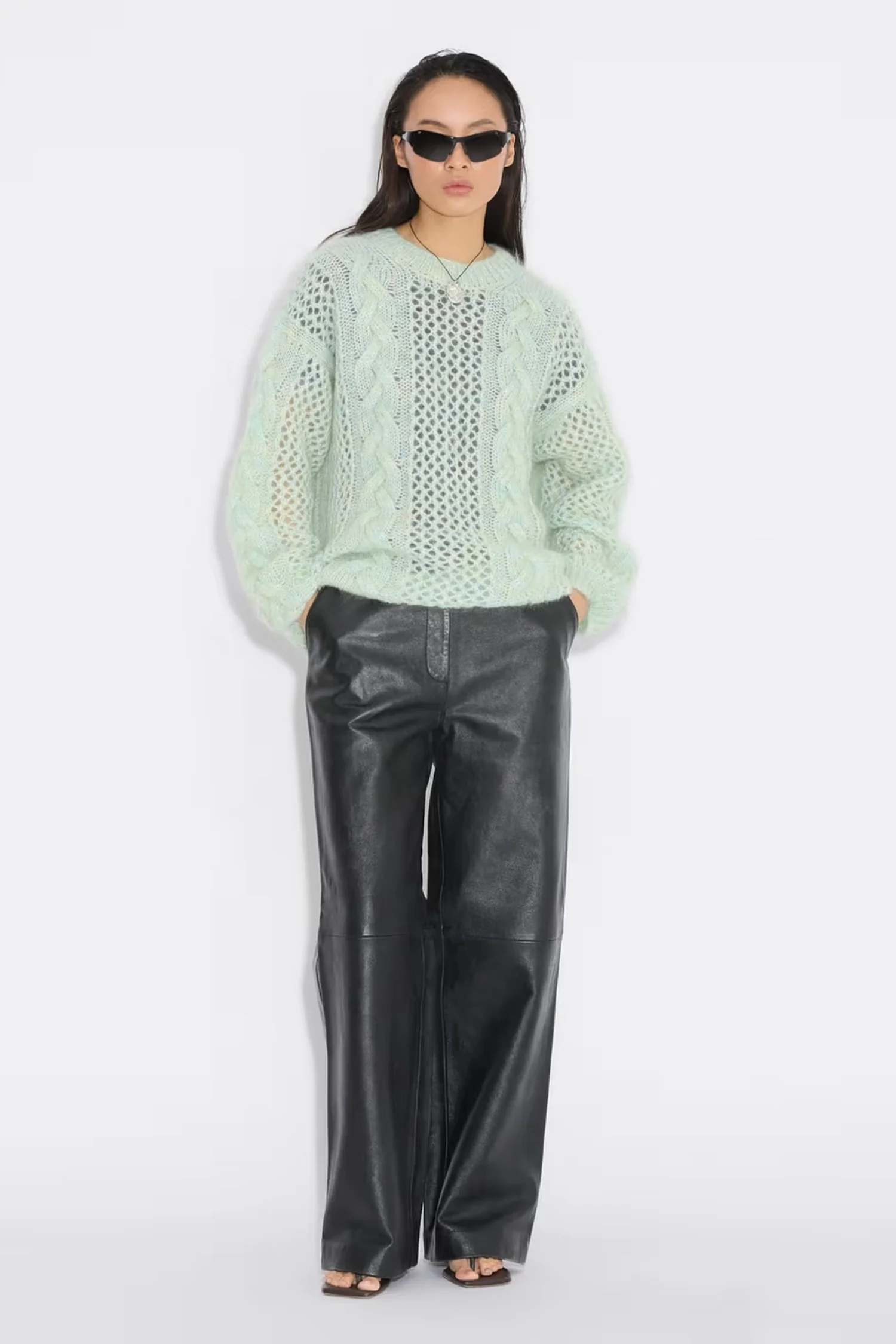 Mohair Cable Knit Crew - Green Mix - Image 4