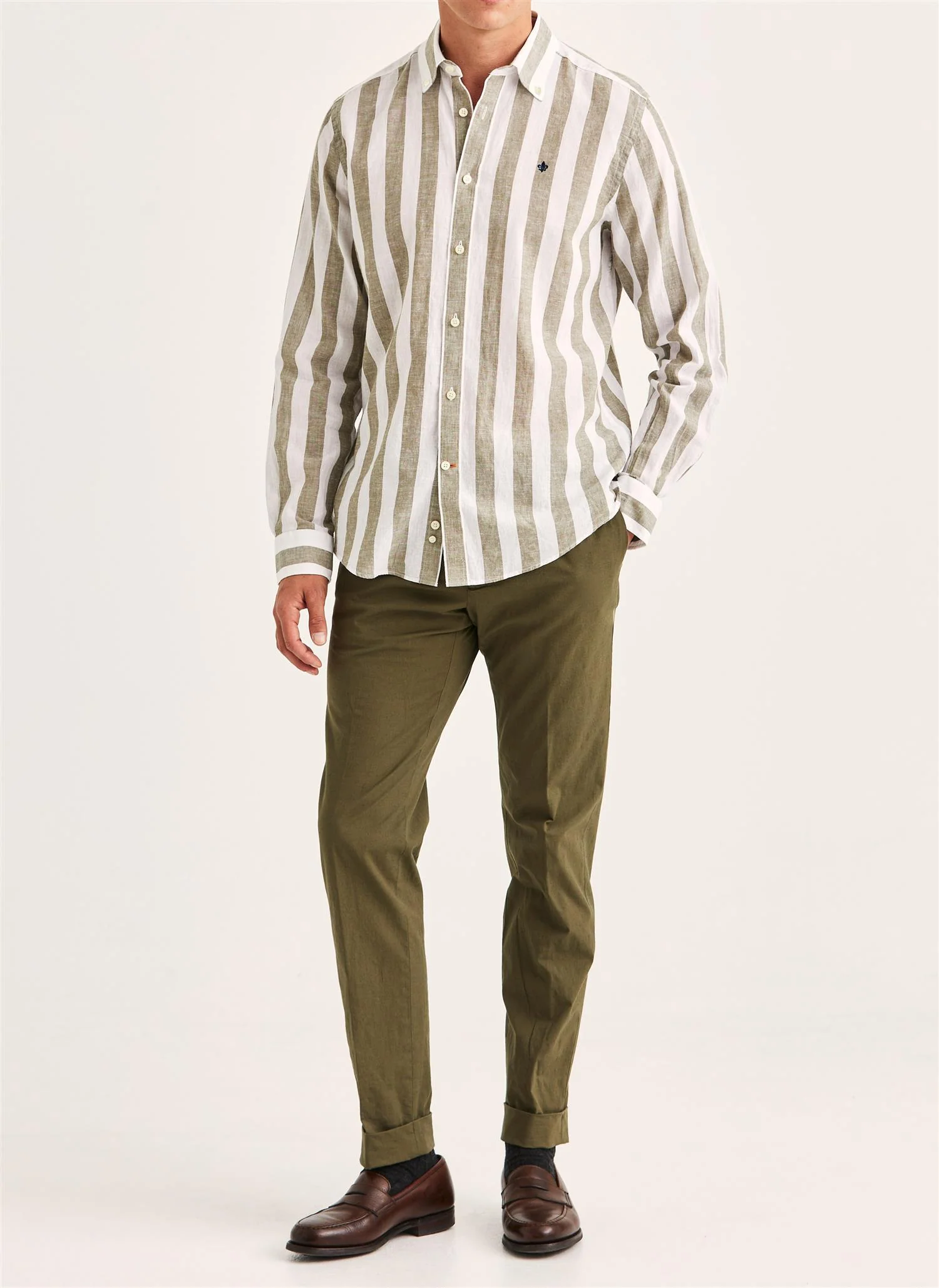 Douglas Classic Fit Linen Shirt Mix Stripe Olive - Image 3