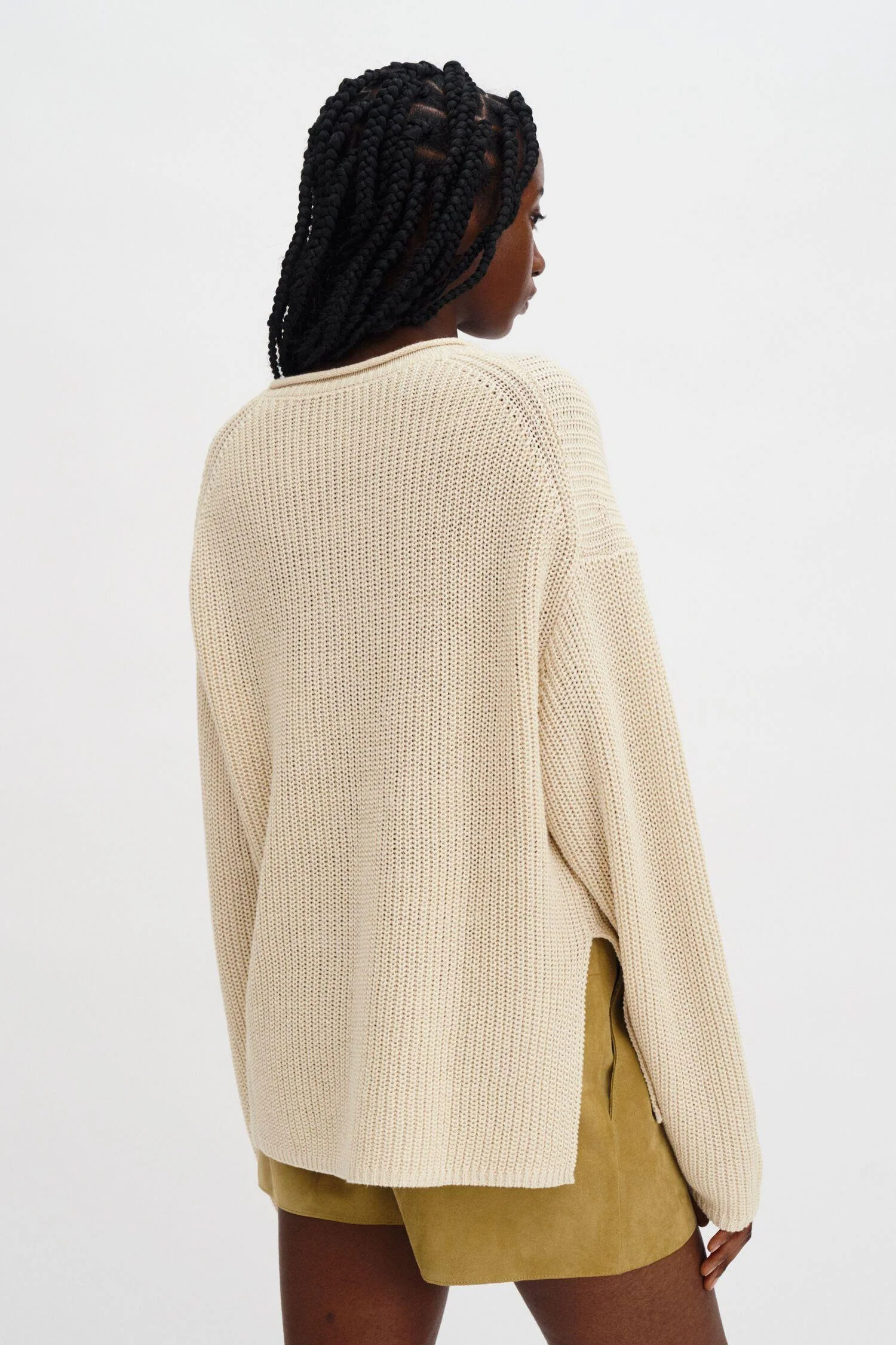 Ribbed Cotton Linen Sweater- Cream White - Image 3