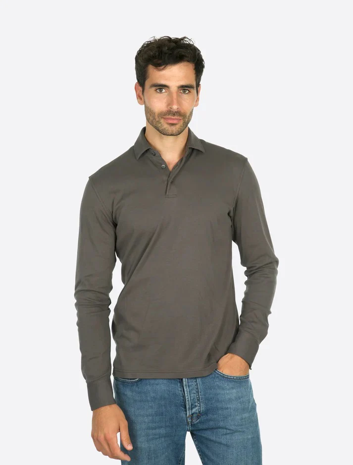 Theo Jersey Cotton Long Sleeve Polo Dark Grey - Image 2