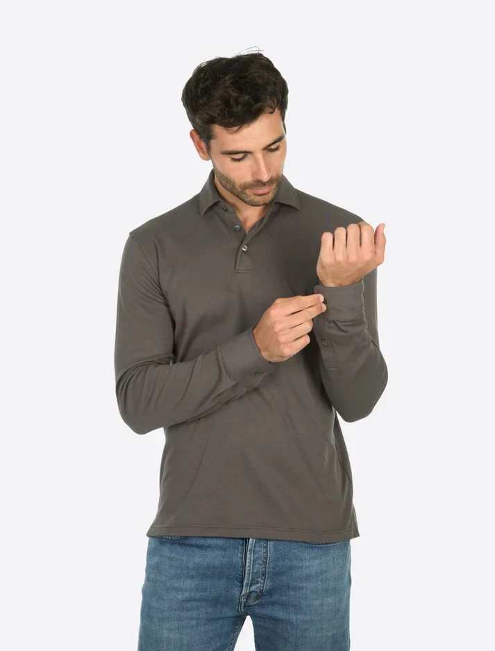 Theo Jersey Cotton Long Sleeve Polo Dark Grey - Image 3