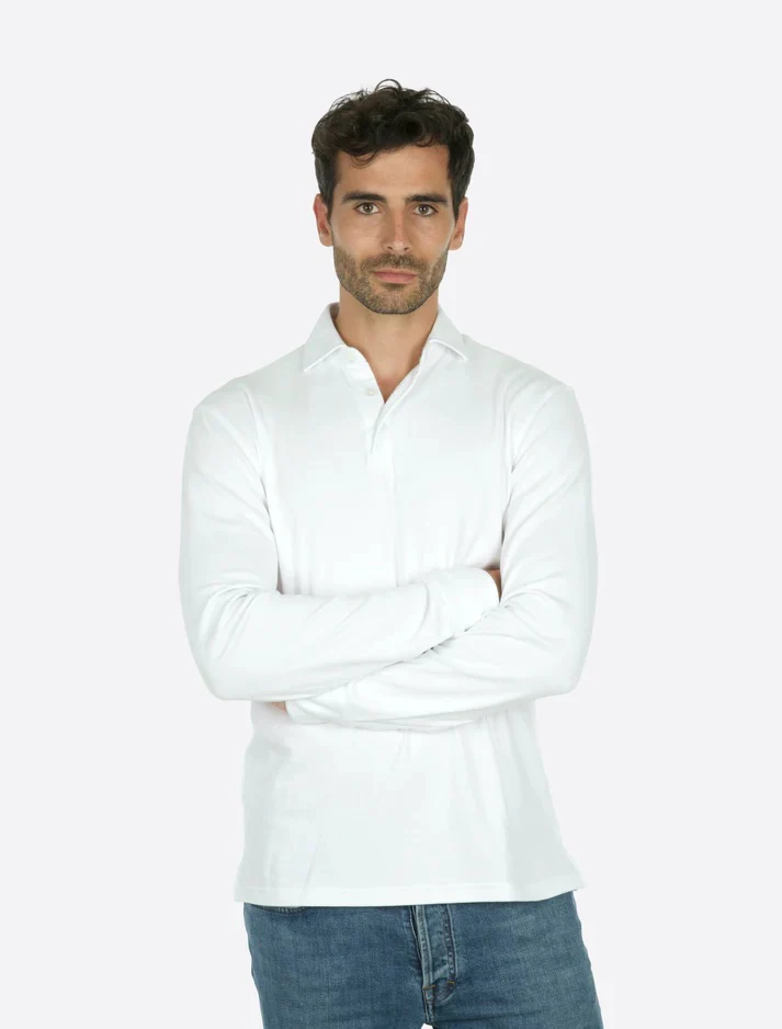 Theo Jersey Cotton Long Sleeve Polo White - Image 3
