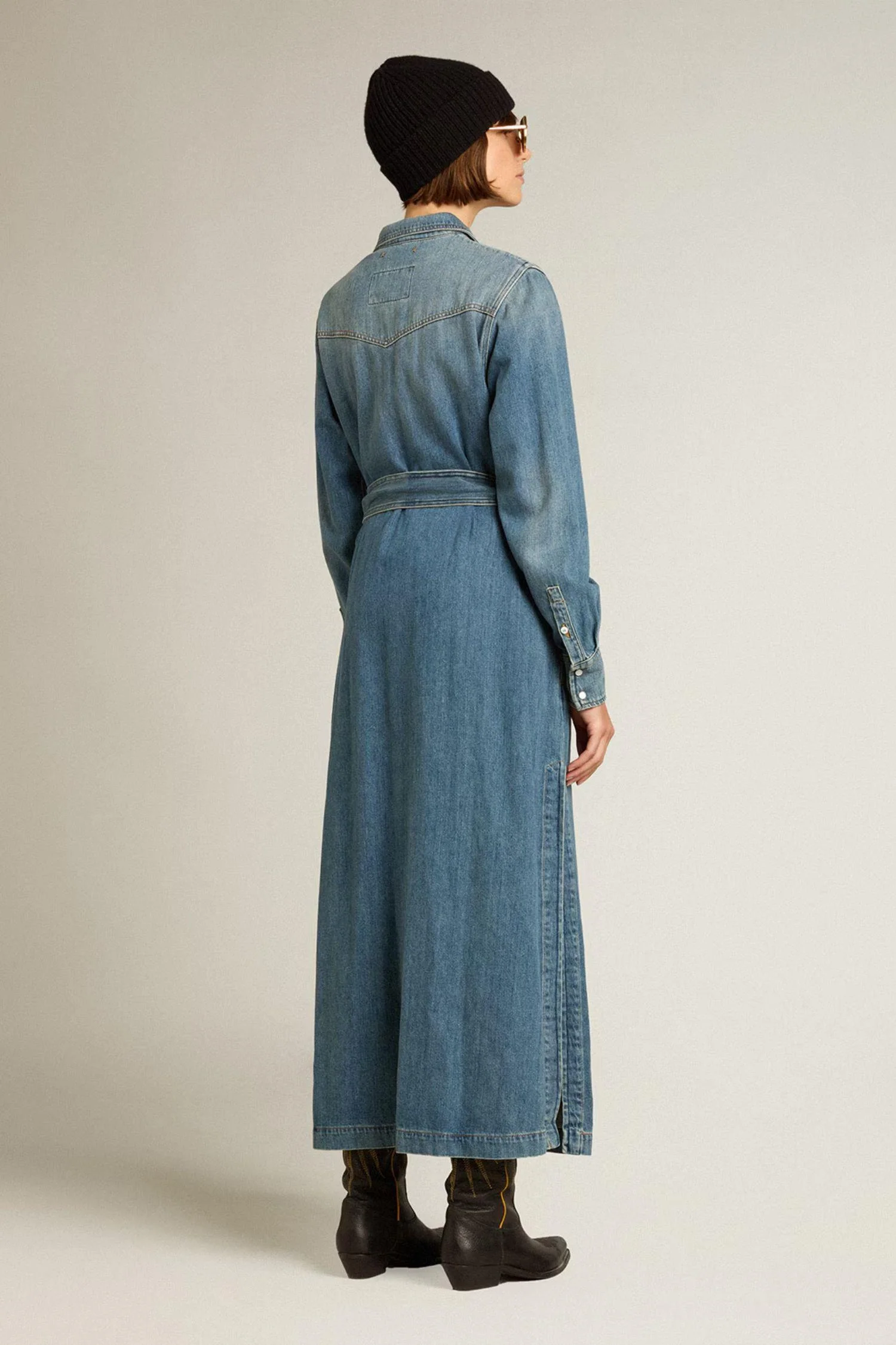 Shirt Dress With Belt- Washed Denim - Image 3