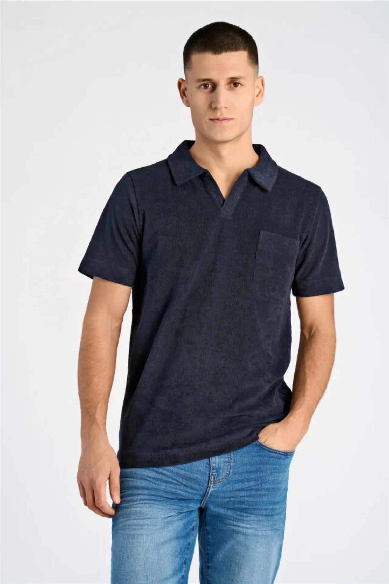 Towel V-Neck Polo S/S Navy - Image 4