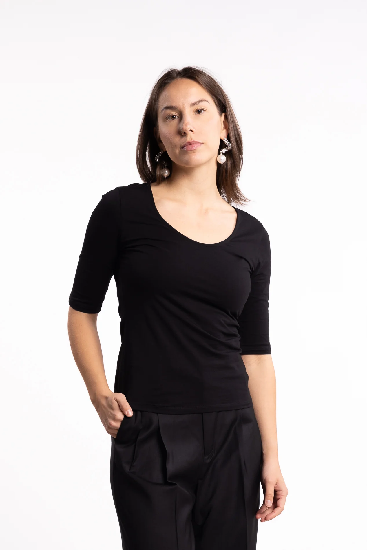 Cotton Stretch Scoop Neck Top- Black - Image 2